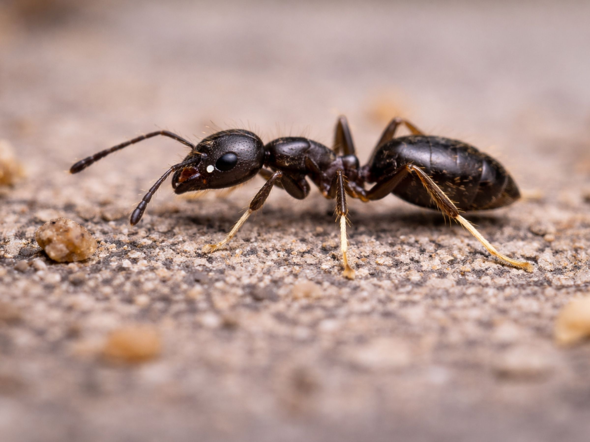 White-footed ant (Technomyrmex difficilis) — dark body, pale feet, vineyard and household pest, South Africa.