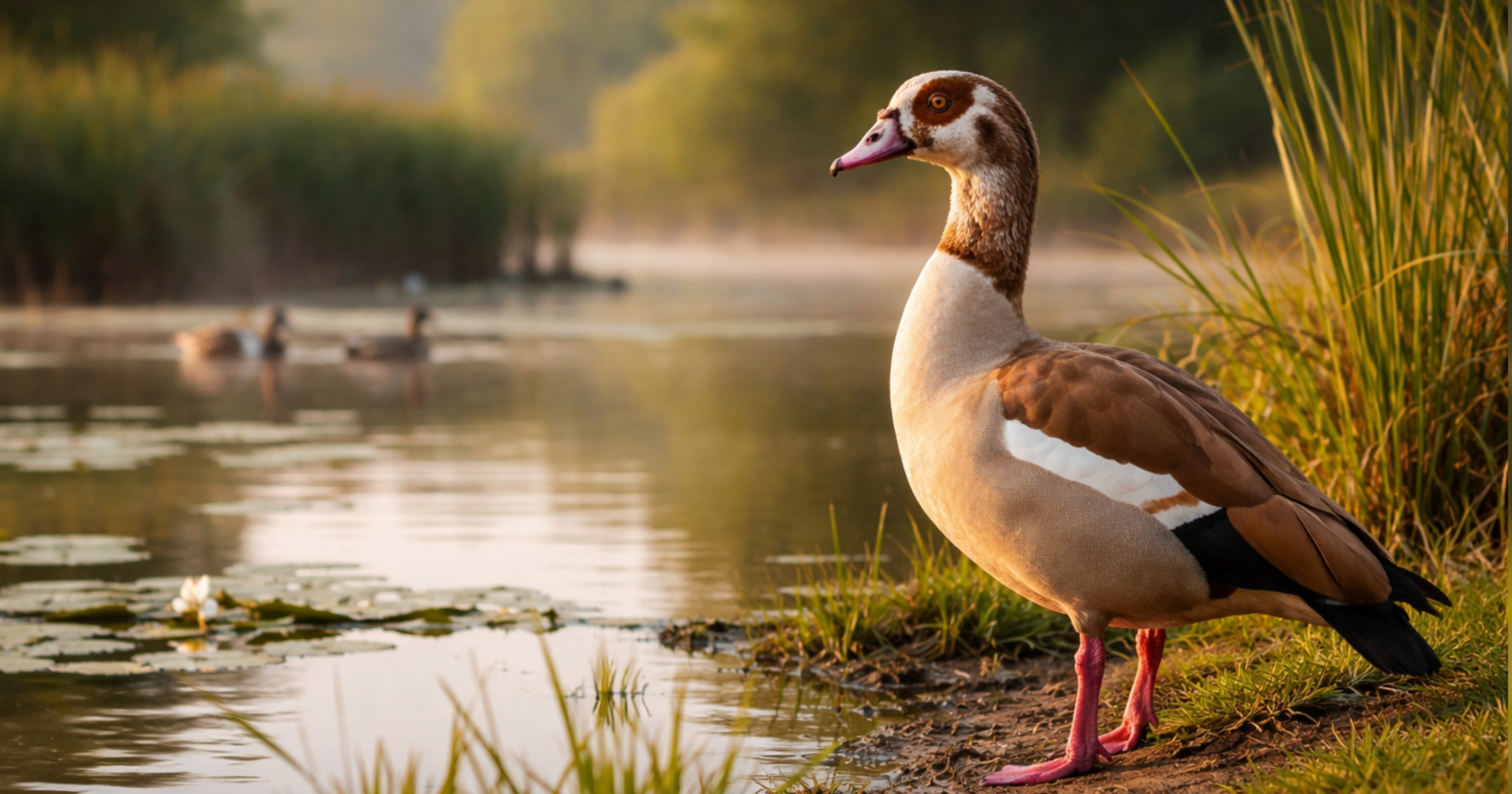 Egyptian goose (Alopochen aegyptiaca) — identification reference; lawns, water features, and flat roofs in South Africa