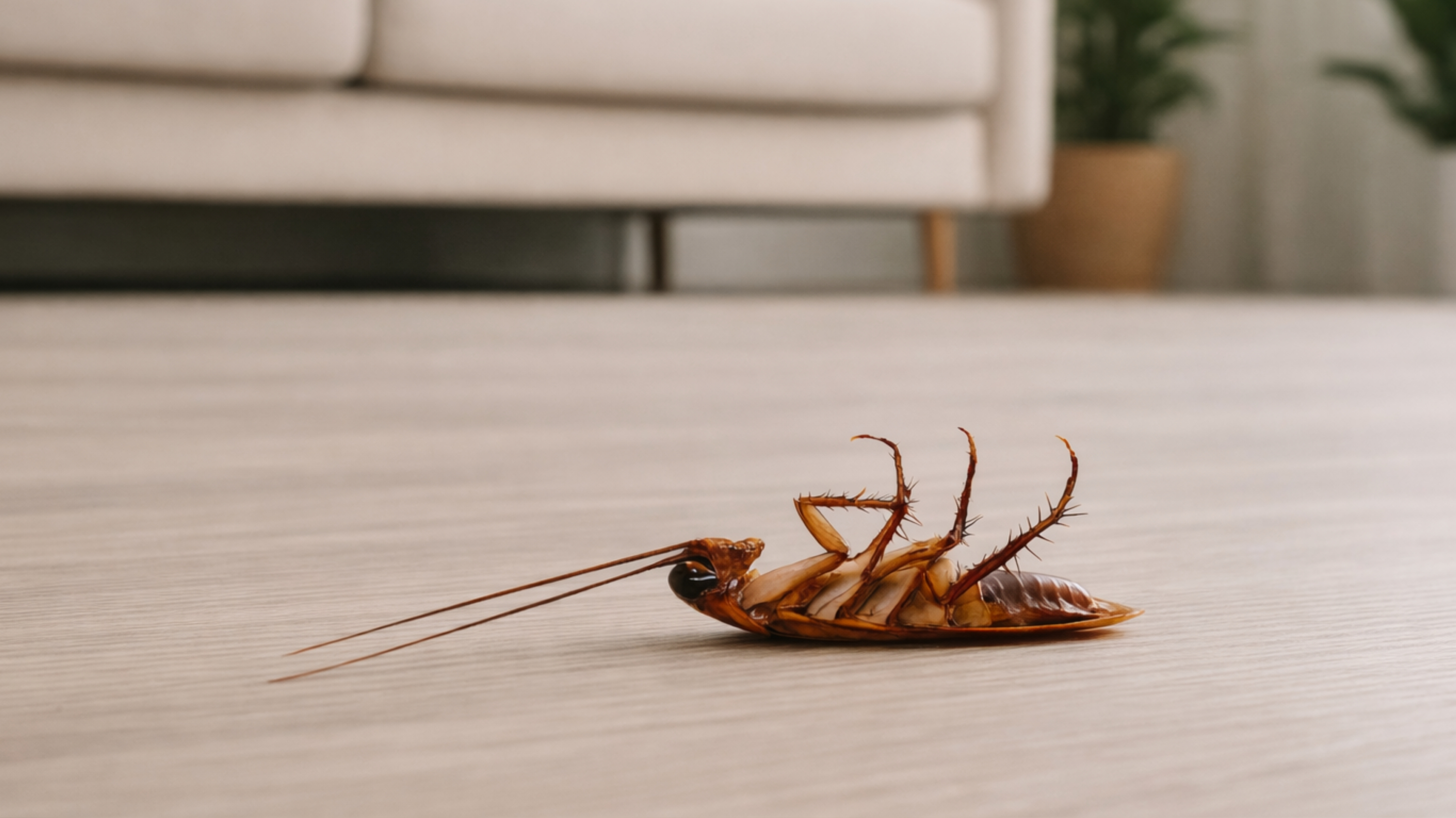 Dead cockroach on a wooden floor after professional treatment—population collapse when baits and IGRs engage the harbourage.
