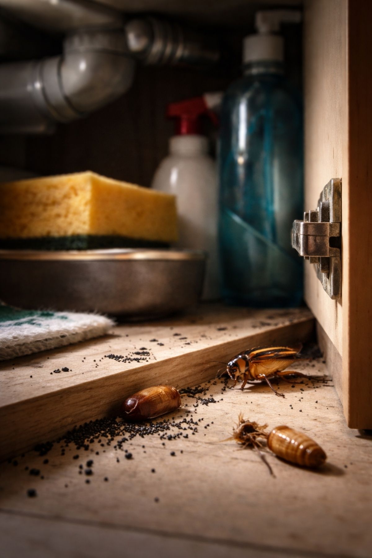 German cockroach evidence—droppings, egg cases, or signs in kitchen or cupboard