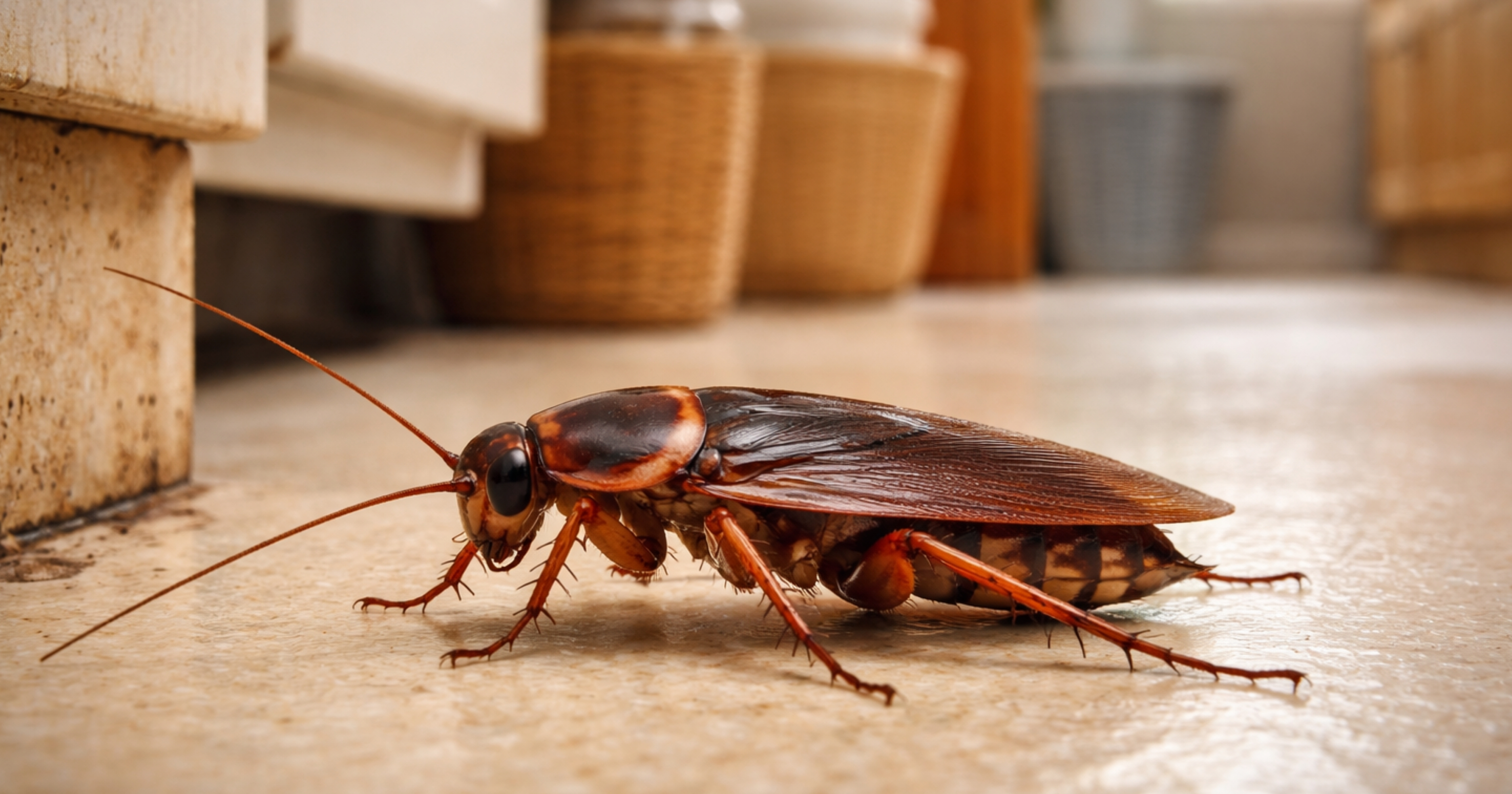 American cockroach (Periplaneta americana) — large reddish-brown adult; pale margin on thorax; South Africa identification