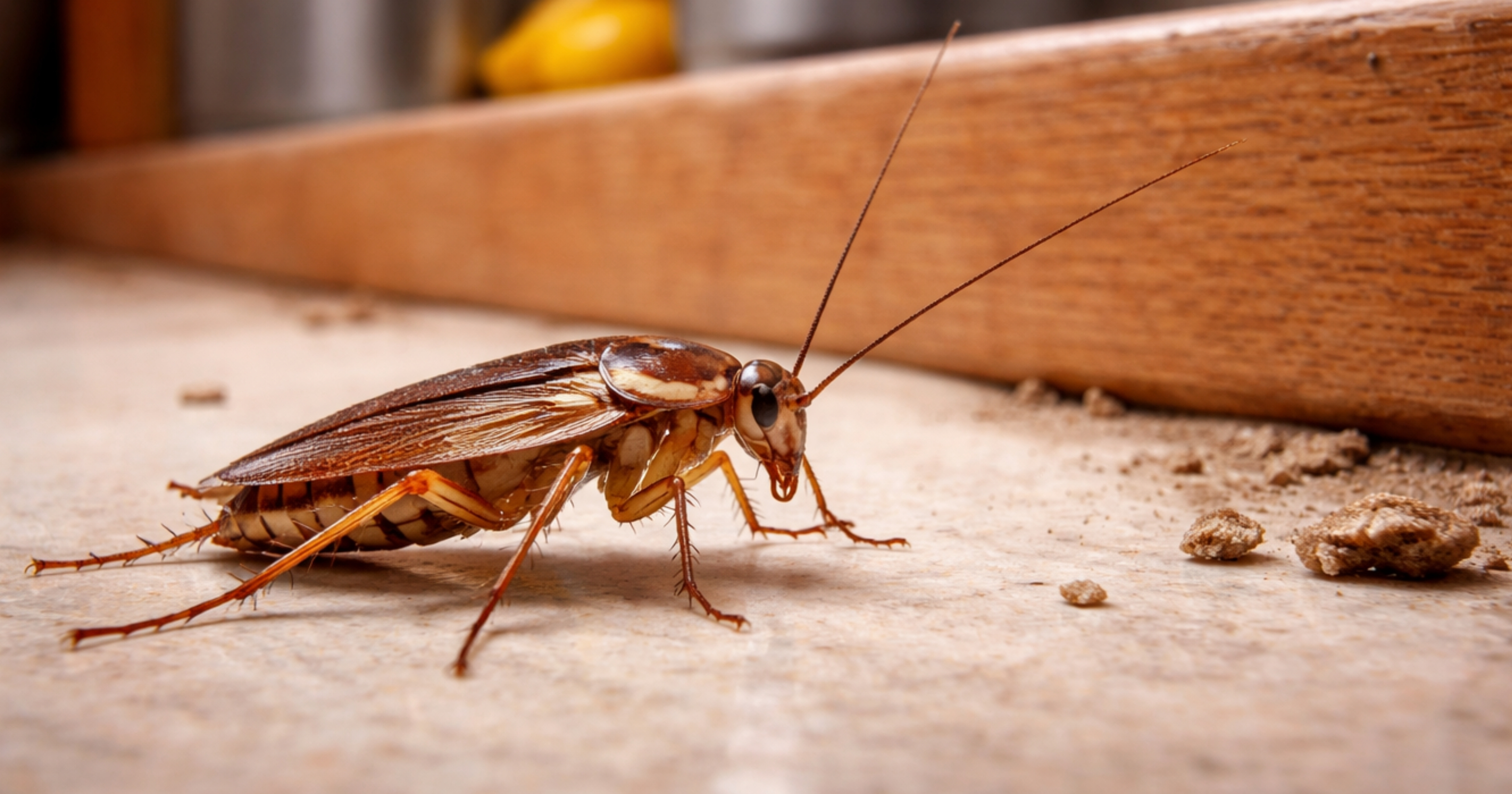 German cockroach (Blattella germanica) — adult identification; twin stripes behind the pronotum