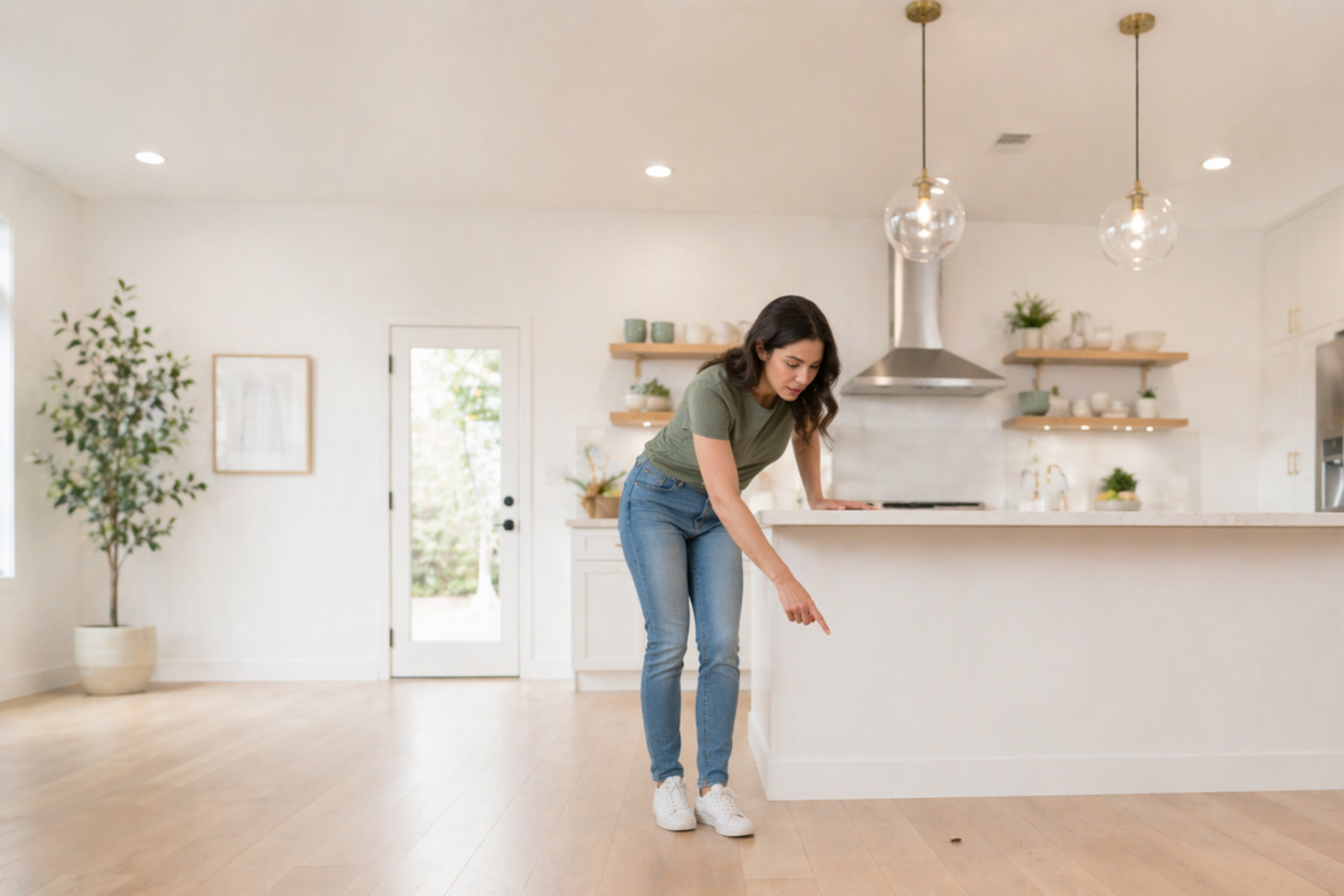 Adult pointing out a cockroach on the floor — identification guide context; species cards below show close-up ID photos