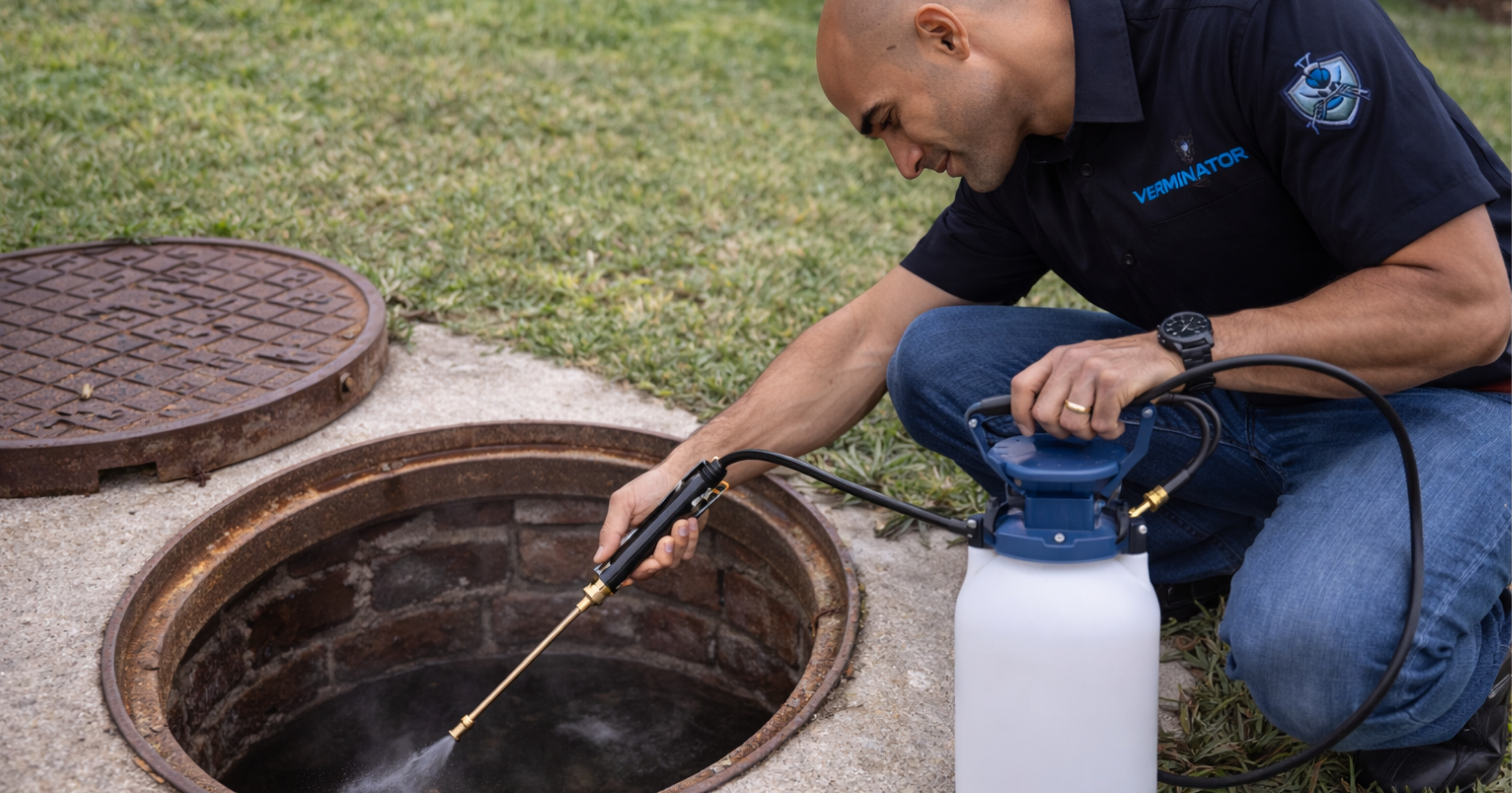 Verminator technician treating American cockroach pressure at a sewer or drain access—American and Oriental cockroach control