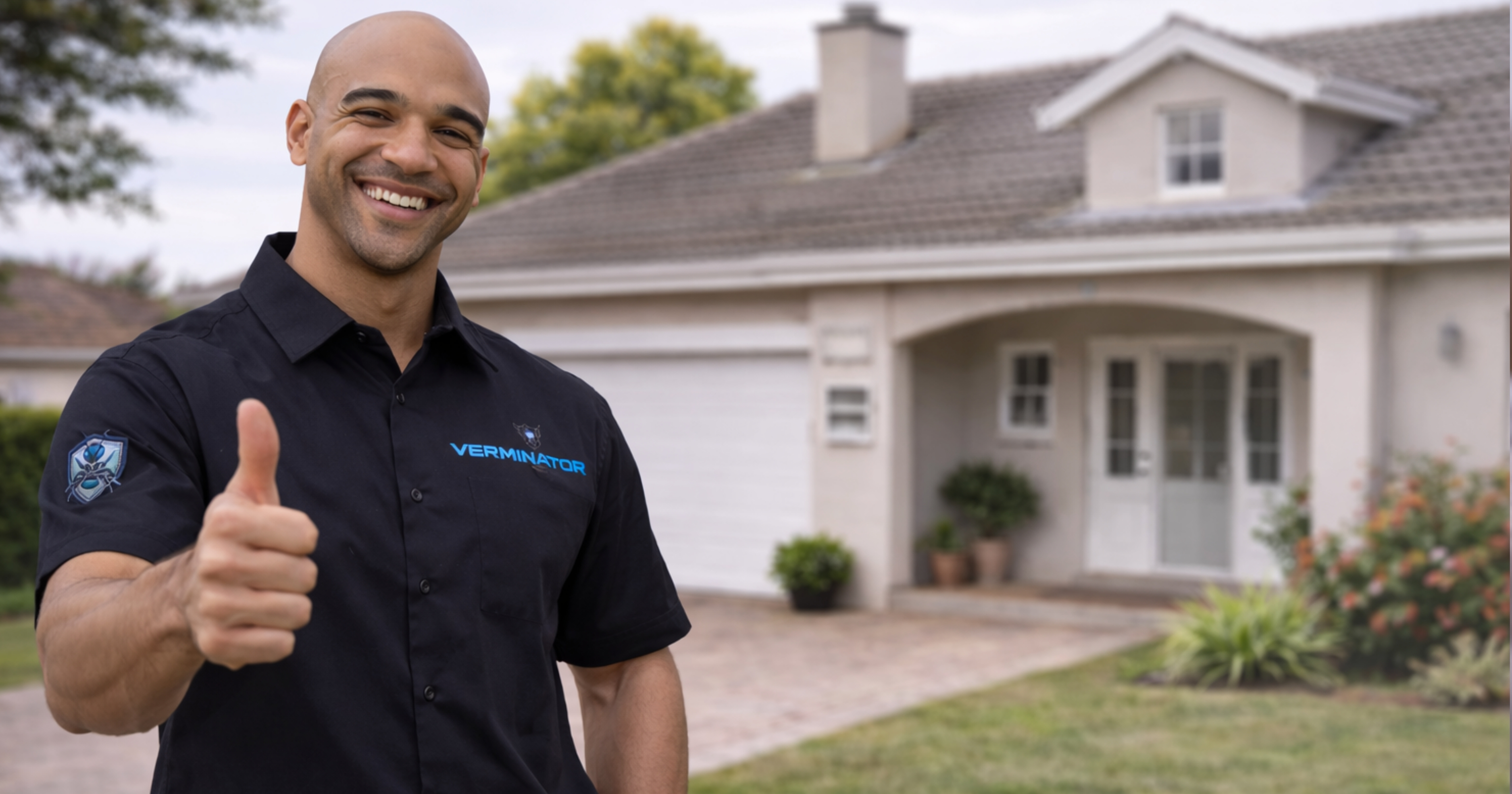 Verminator technician giving a thumbs-up—confident, professional on-site pest control service, South Africa.