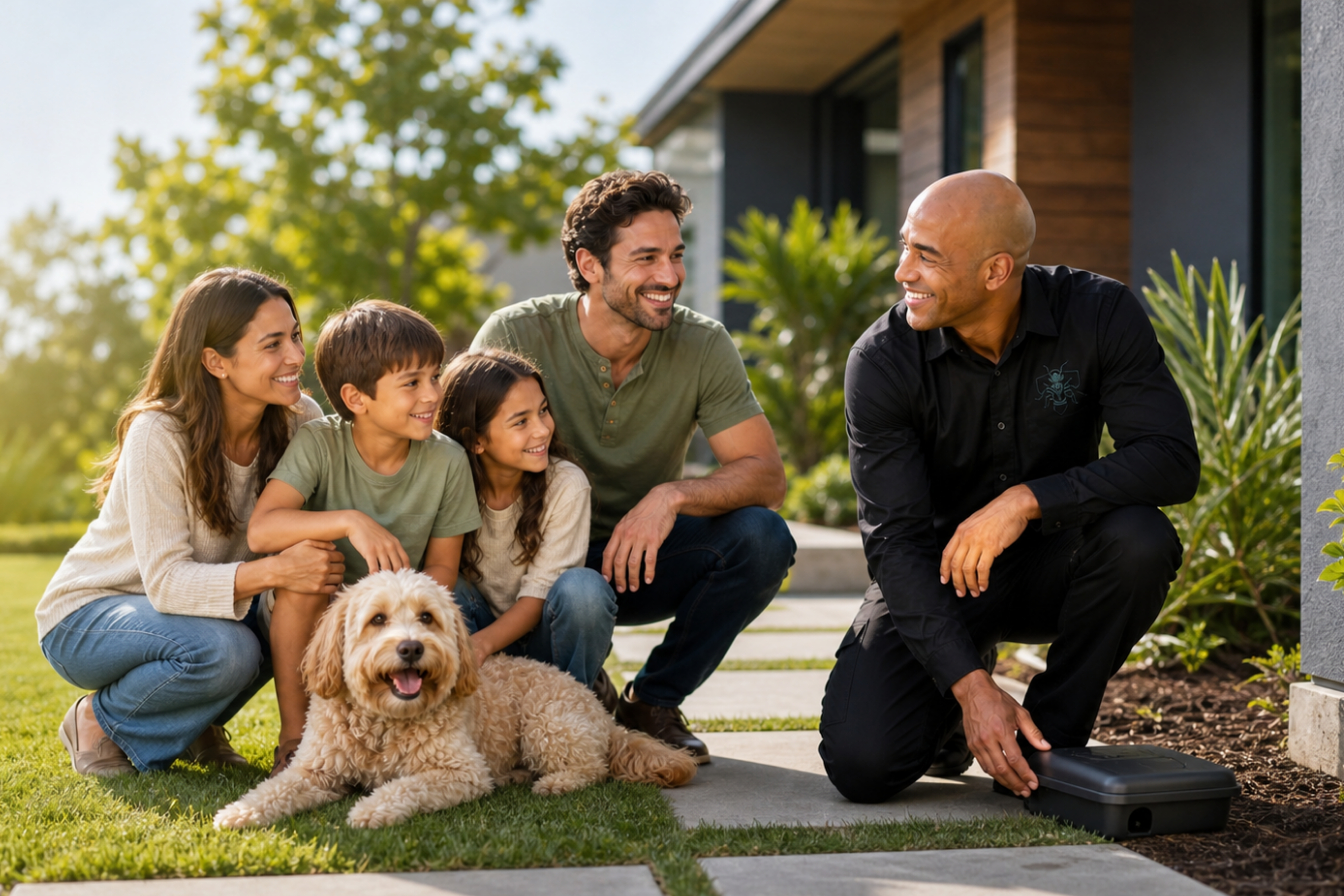 Child- and pet-aware pest control — technician supporting a safe, household-friendly treatment approach