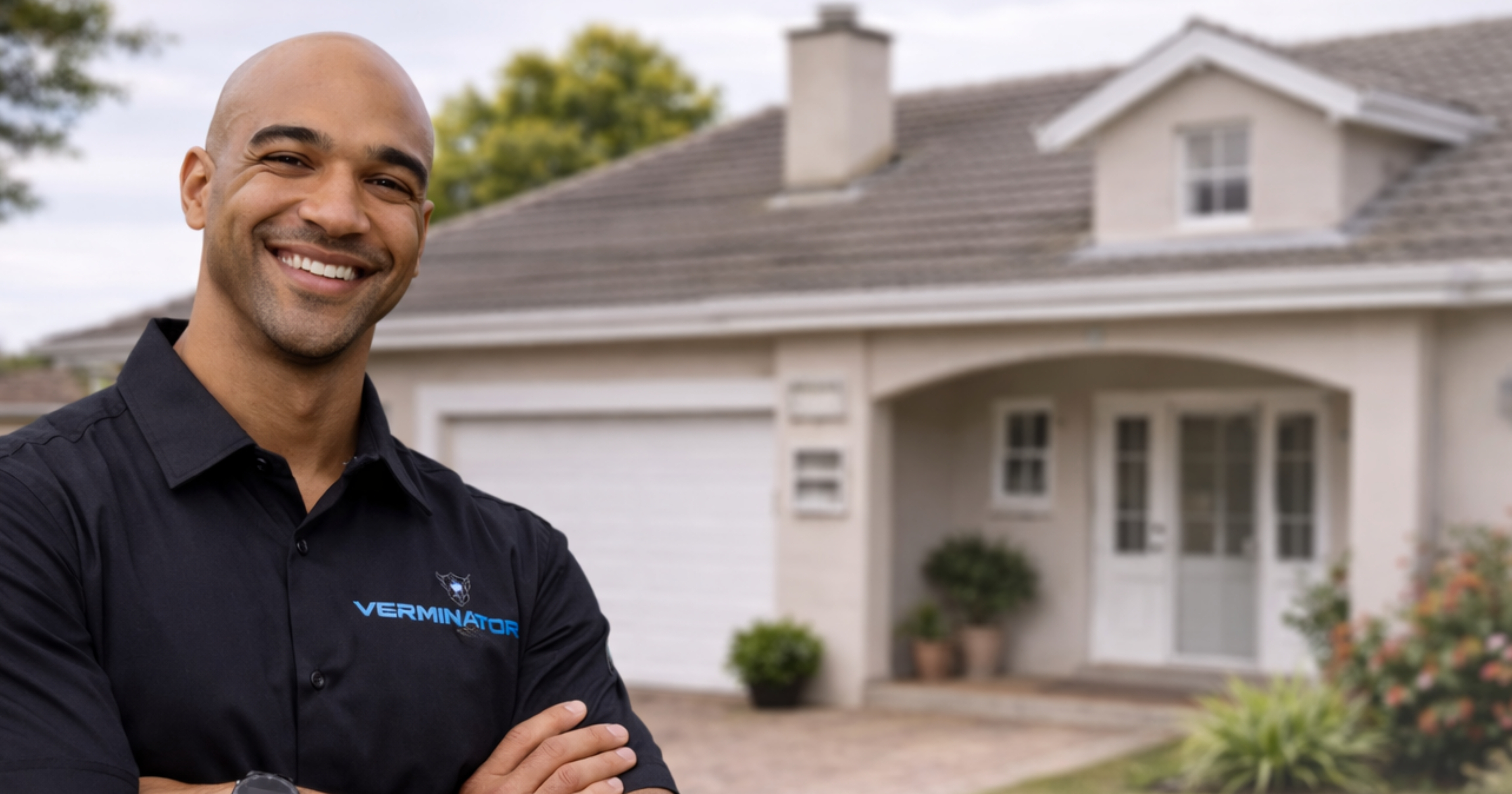 Confident Verminator technician with arms folded in a modern home — national pest library and treatment across South Africa