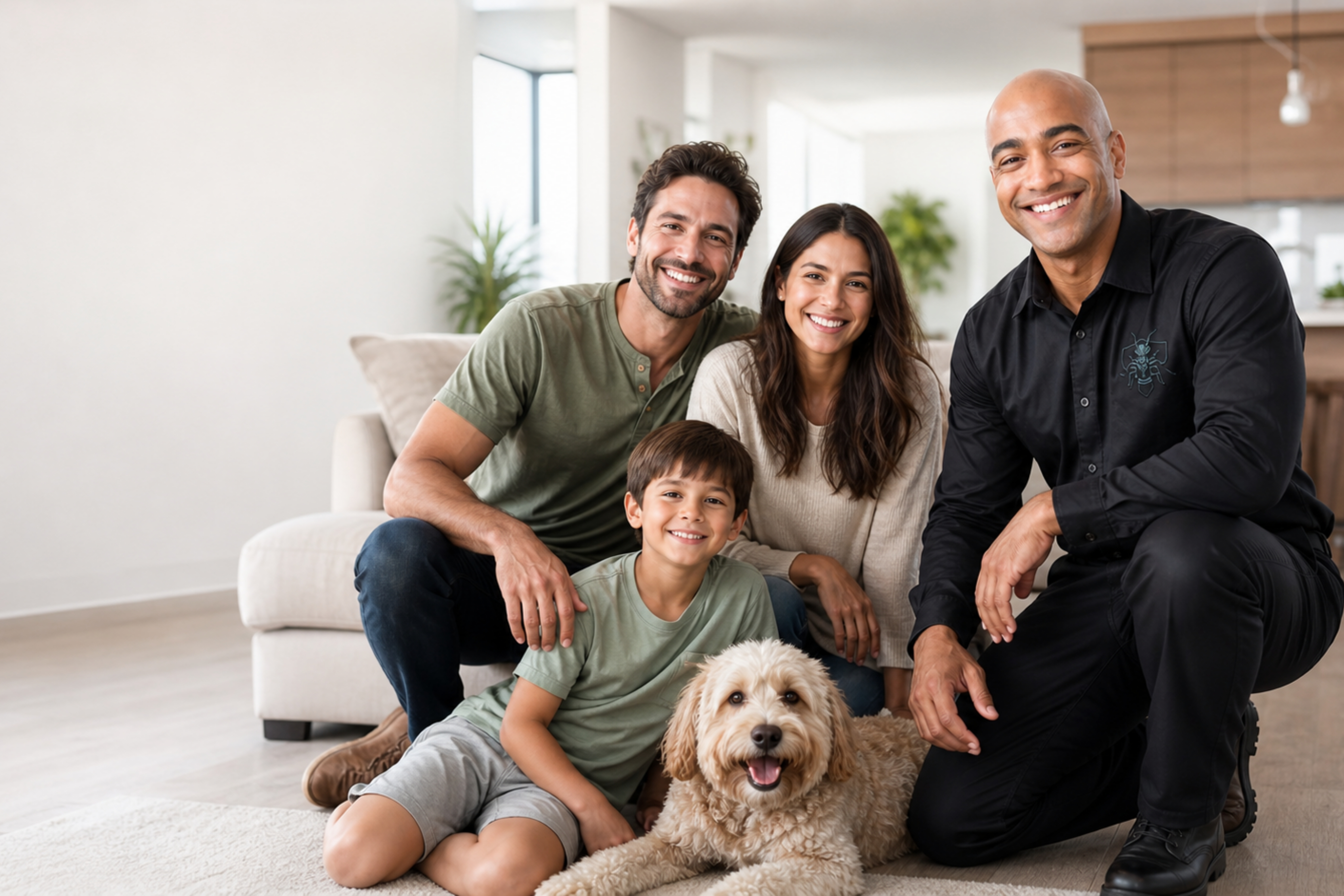 Pest control technician with a family and their dog in a modern lounge — Verminator eco-friendly, low-scent service