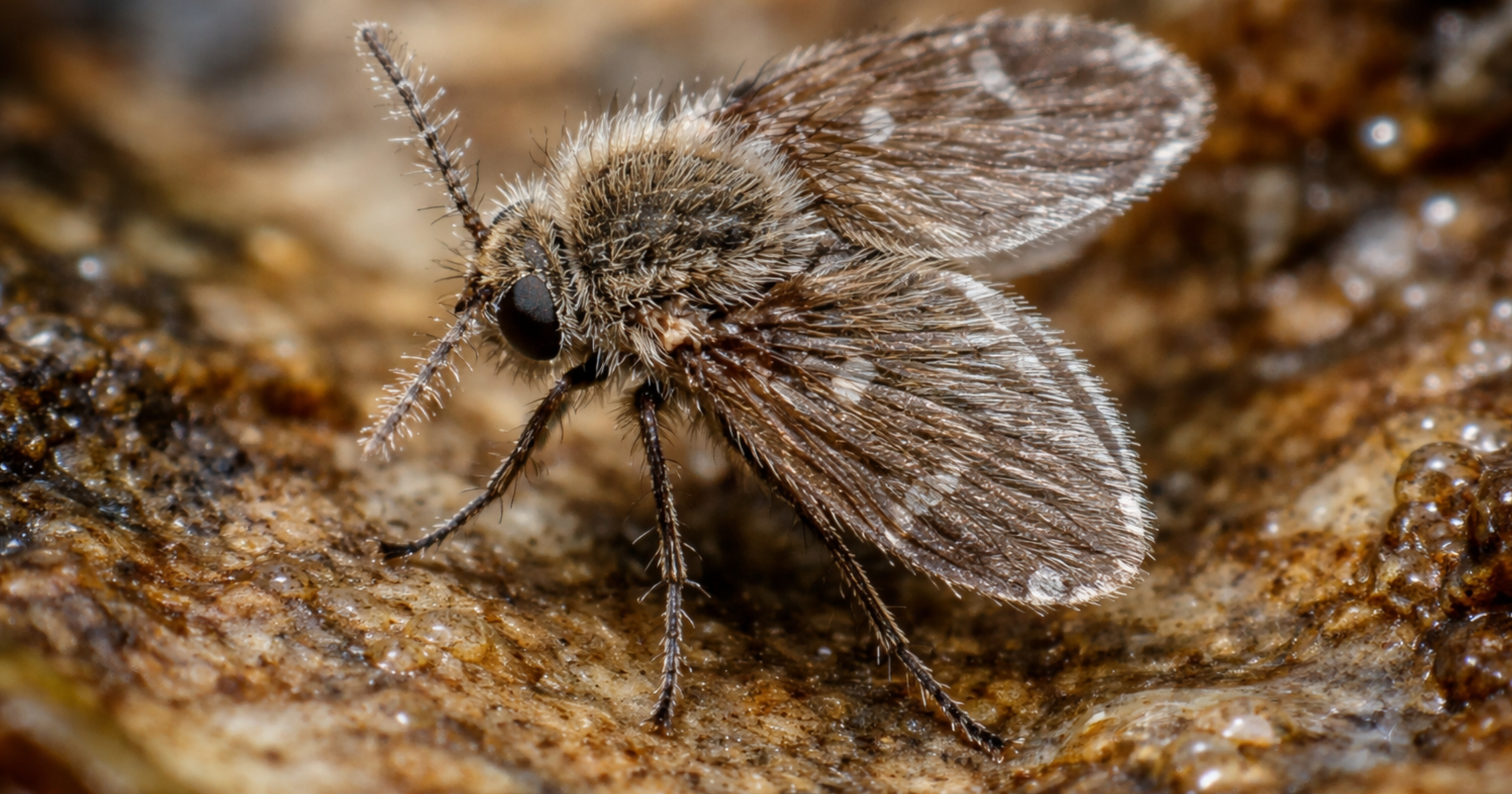 Adult drain / moth fly (Psychodidae) — fuzzy body and hairy wings; typical of drain biofilm habitats in South Africa