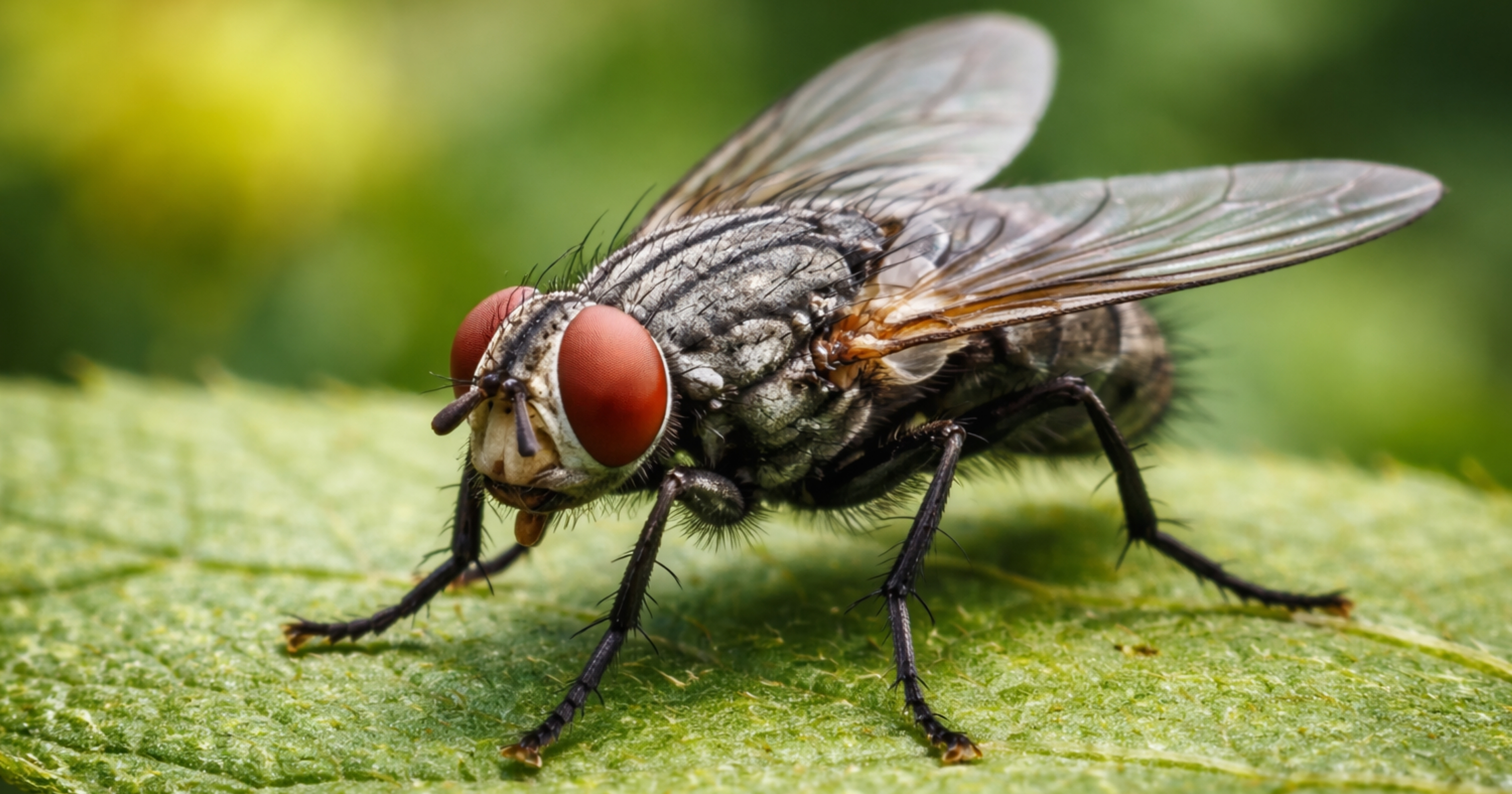 House fly (Musca domestica) — grey thorax with four dark stripes; common fly identification in South Africa