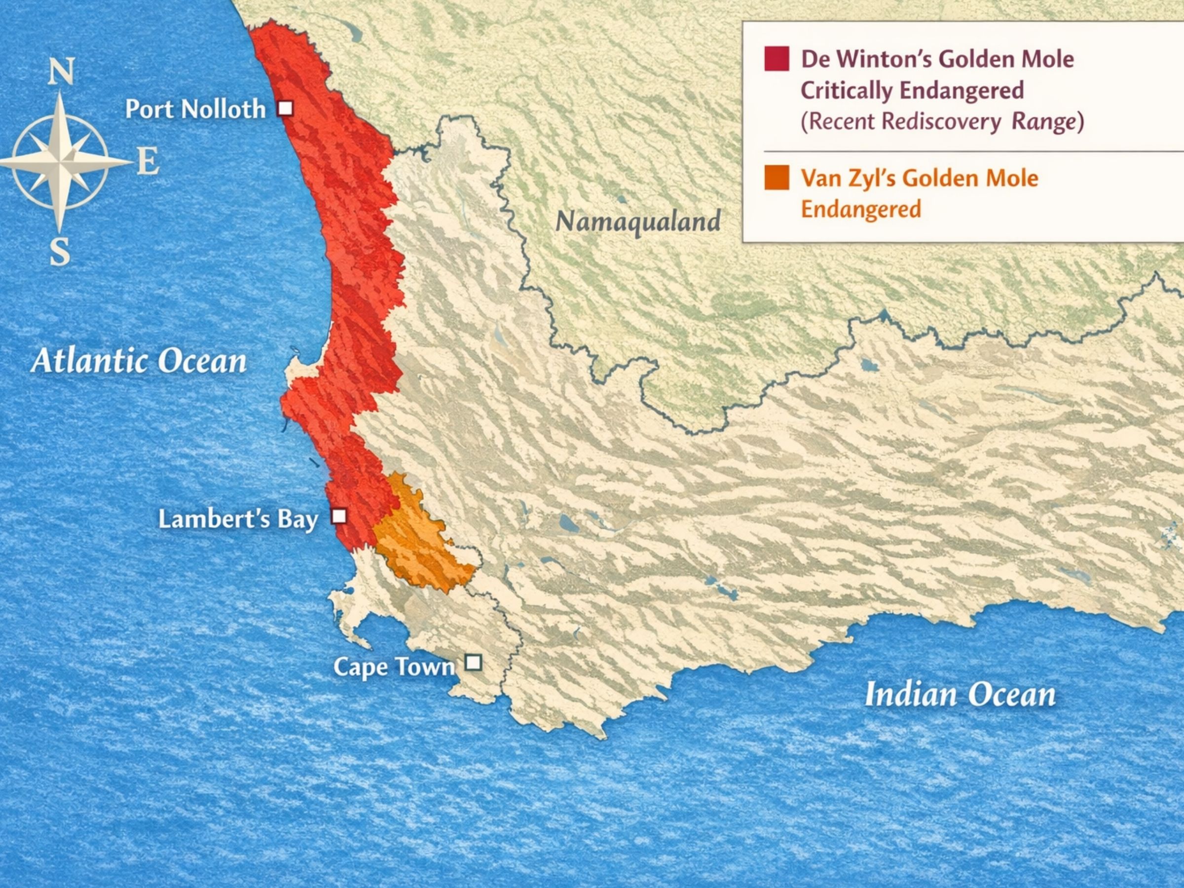 Western Cape map showing golden mole species and conservation status — endangered and least concern areas