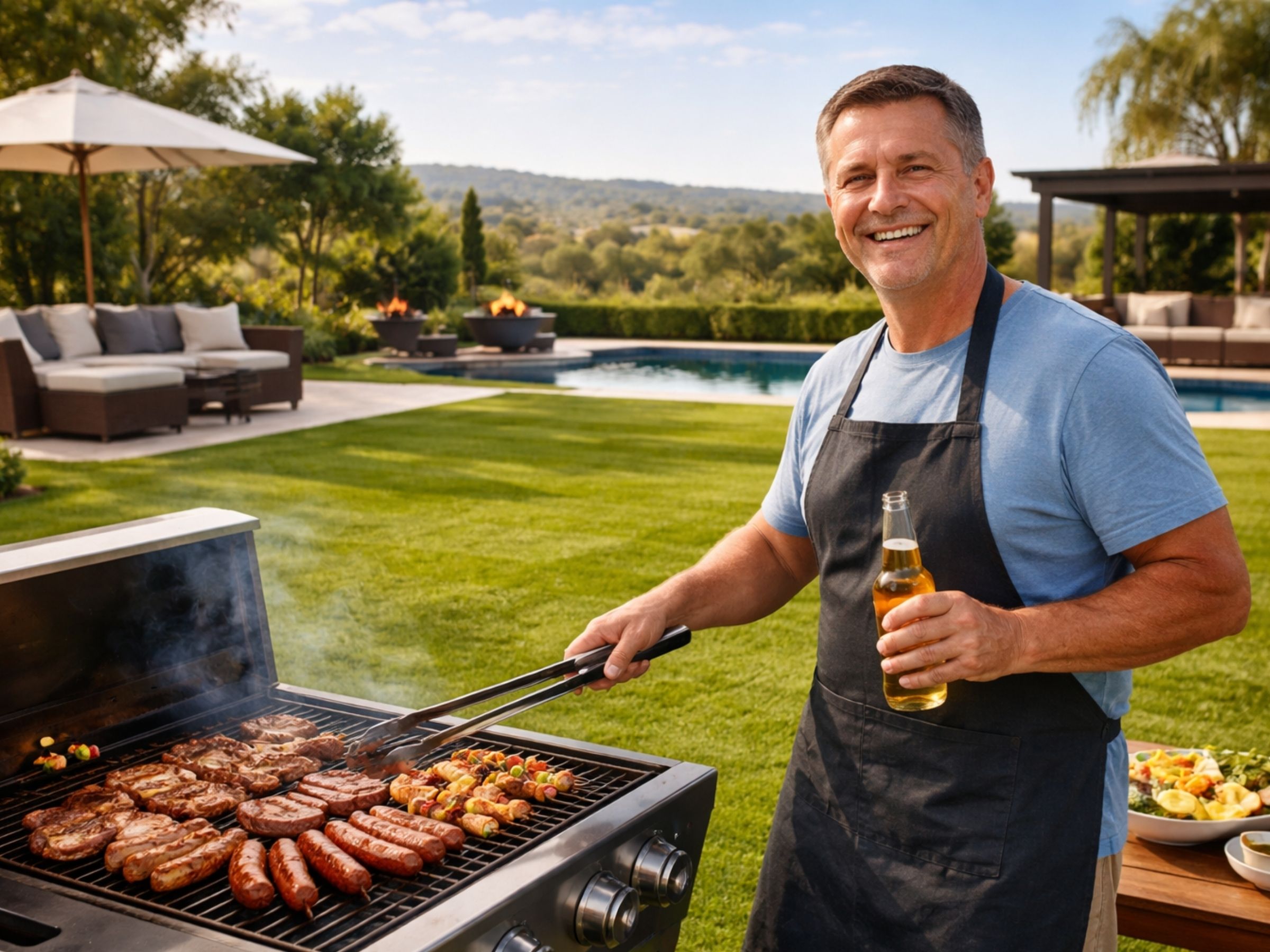 Man enjoying a braai on a well-kept, mole-free lawn — identify moles responsibly, Verminator