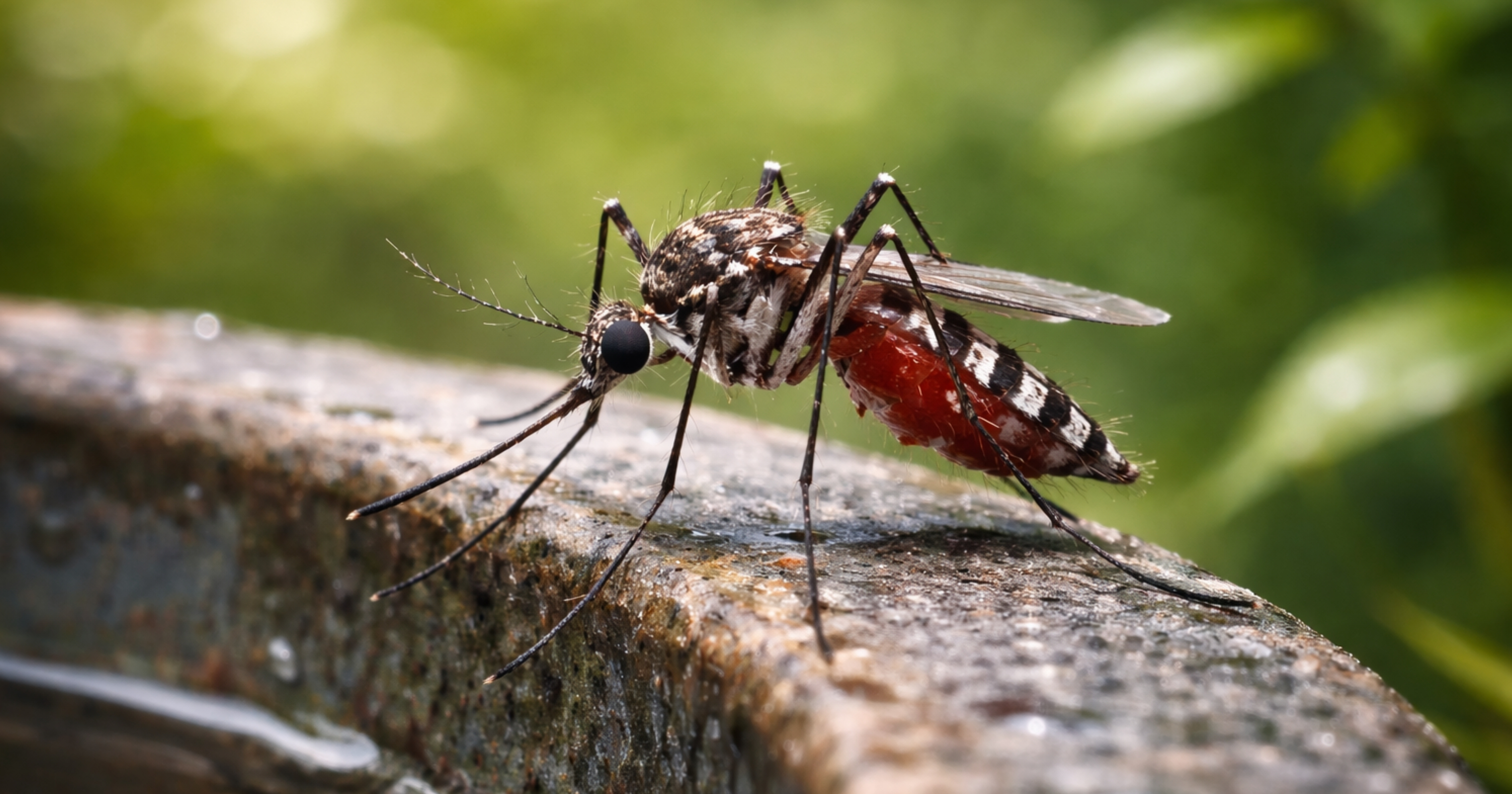 Aedes container mosquito — adult near water-holding containers; banded legs and small-container breeding match this card
