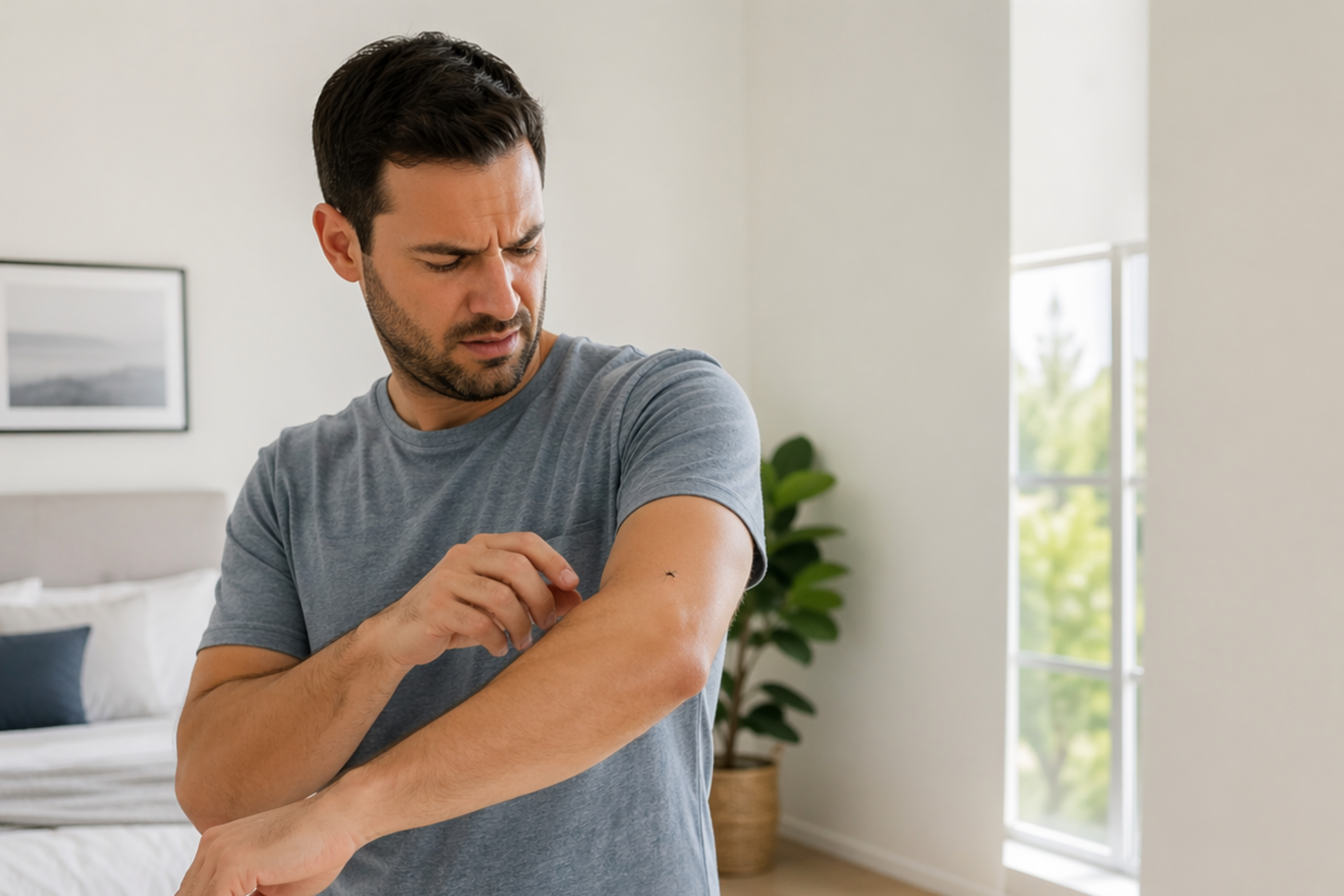 Adult mosquito on skin — identification guide context; species cards describe Culex, Aedes, and Anopheles in detail