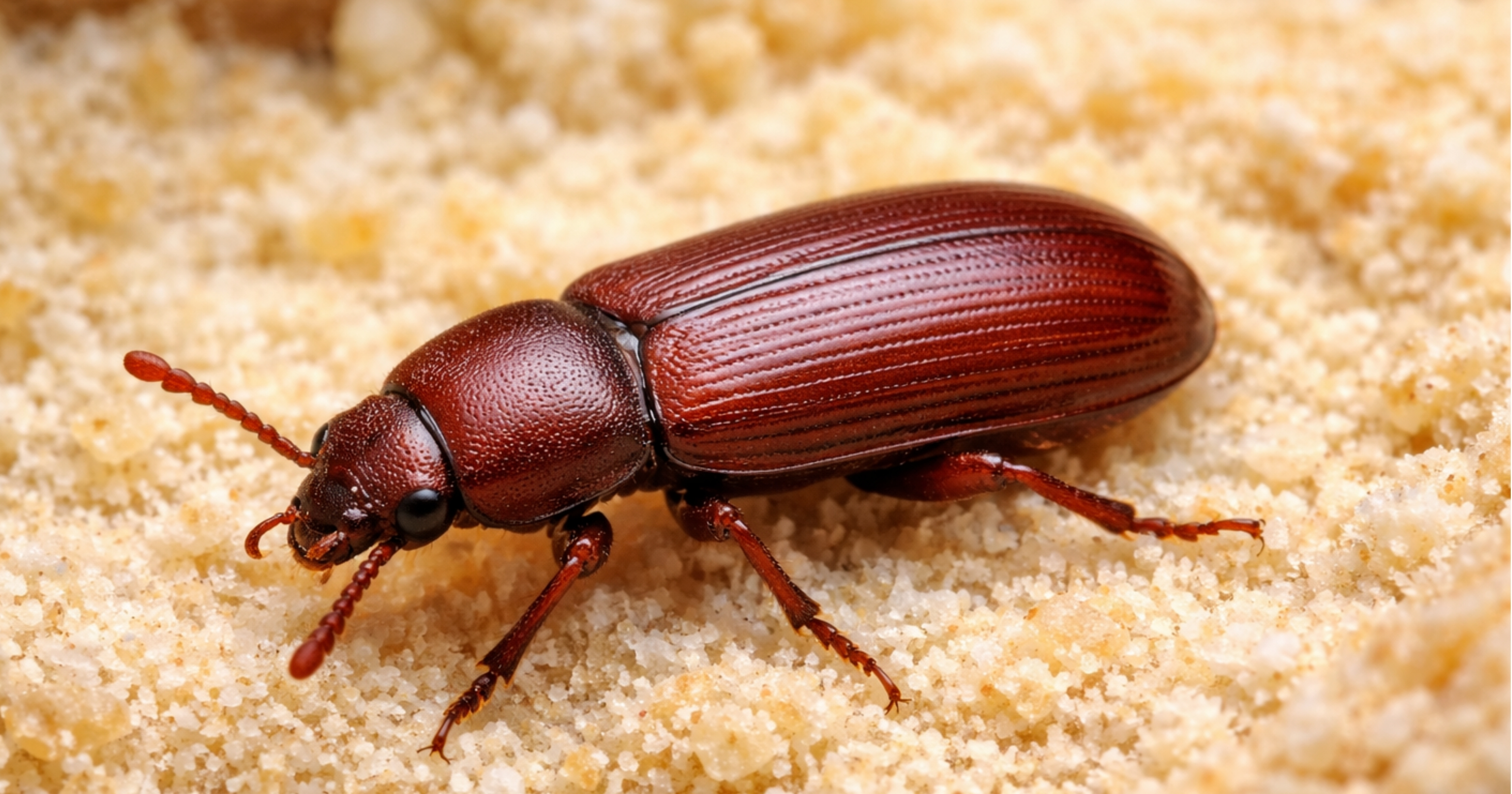 Red and confused flour beetles Tribolium castaneum / T. confusum — small reddish-brown beetles in milled products; no snout; match antennae and flight clues in the card