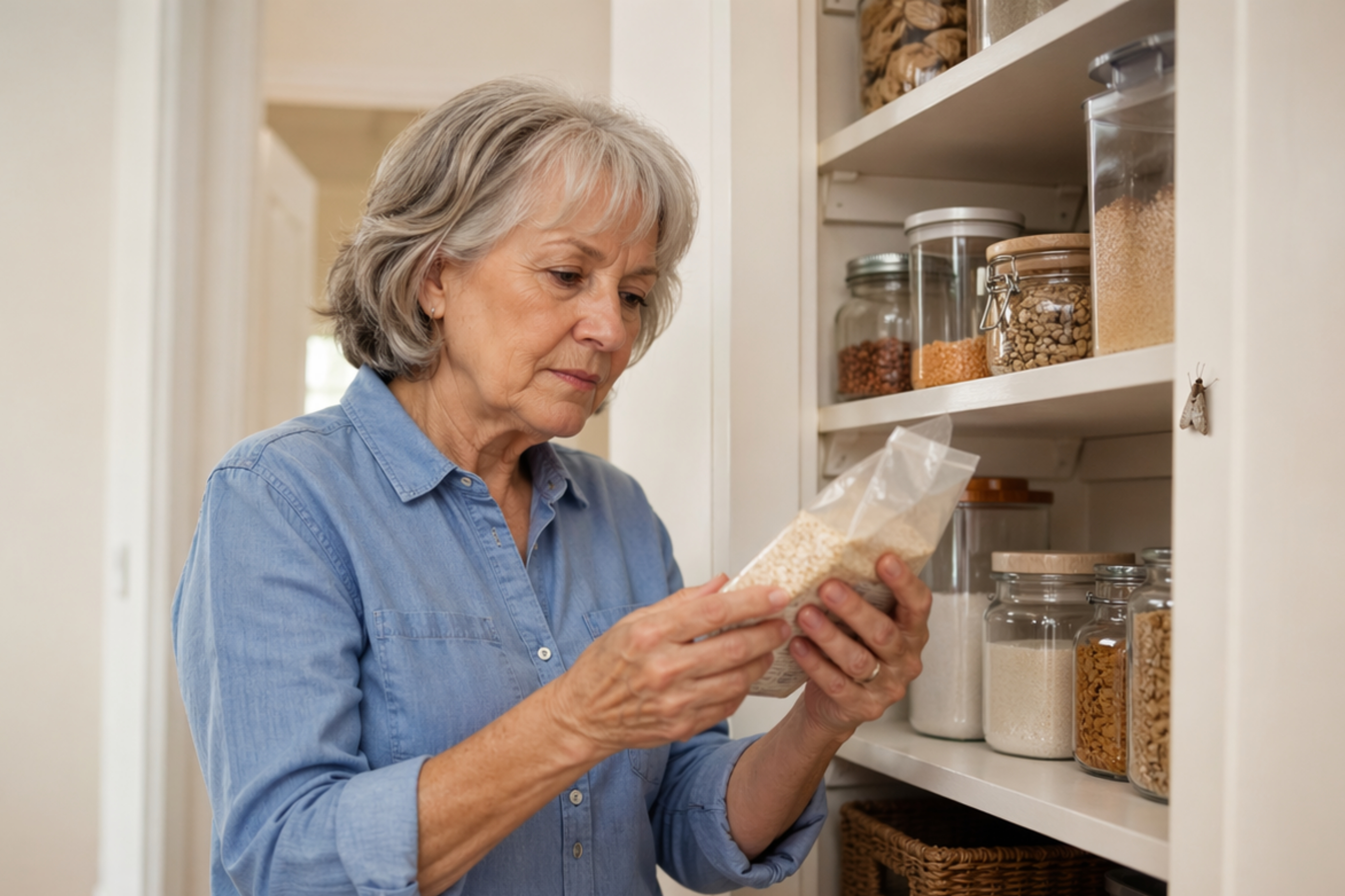 Inspecting dry pasta for pantry pests — identification guide context; species cards describe weevils, flour beetles, meal moths, and grain beetles