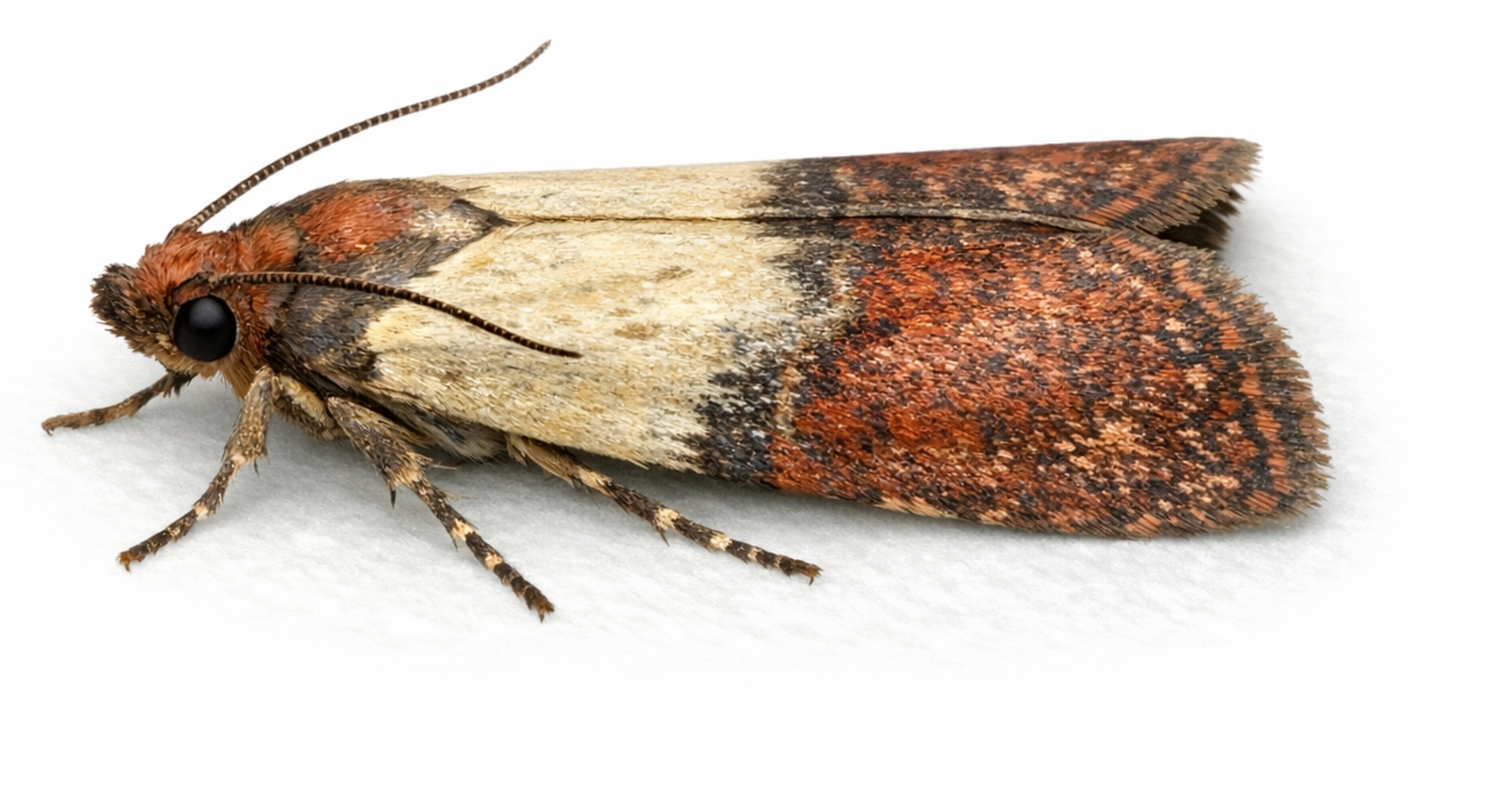 Indian meal moth Plodia interpunctella — banded adult wings, larvae and silk webbing in dry goods; match flight and webbing signs in the card