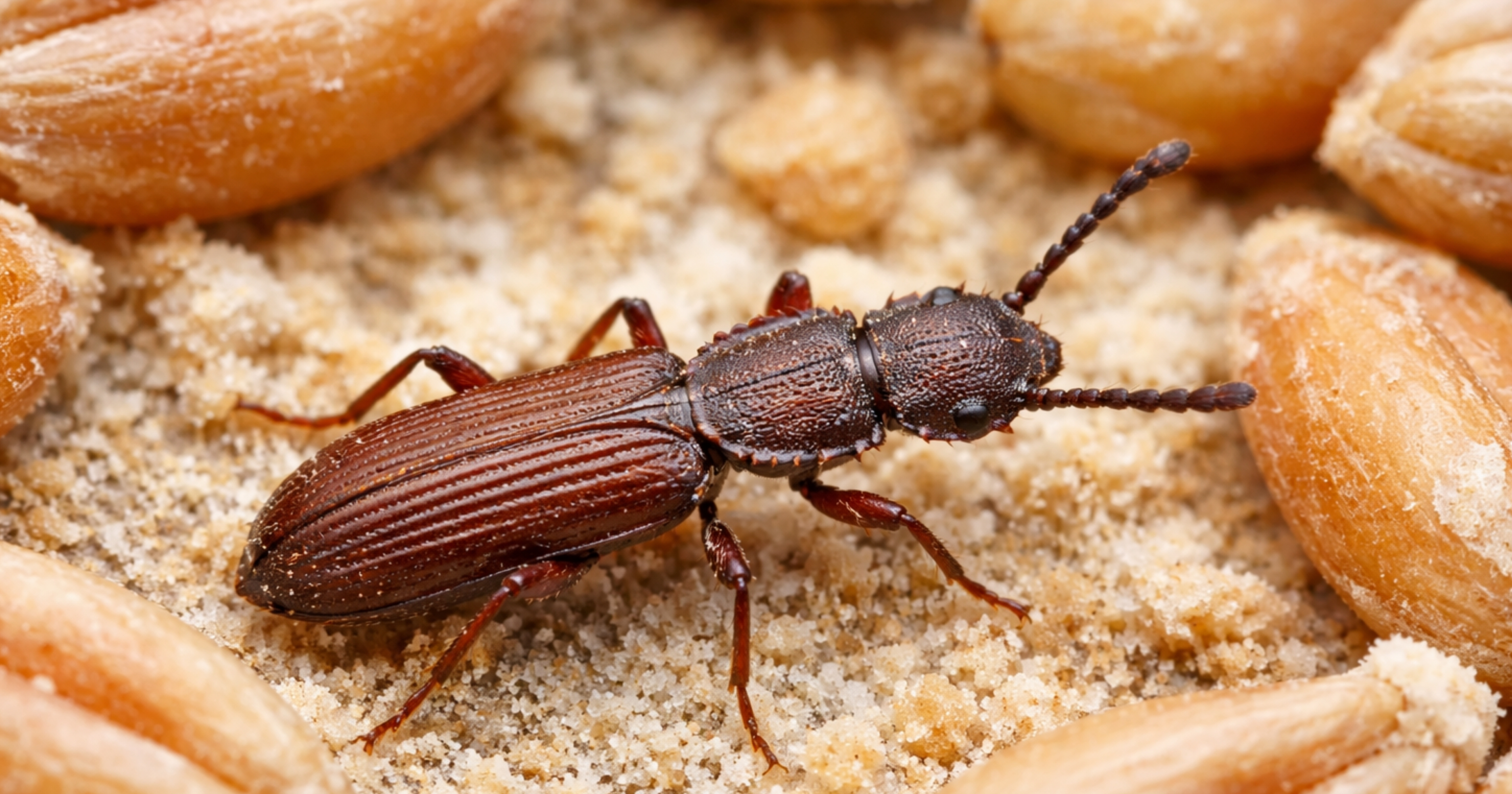 Saw-toothed grain beetle Oryzaephilus surinamensis — flat brown beetle with saw-like thoracic teeth; enters fine packaging seams; match size and shape in the card