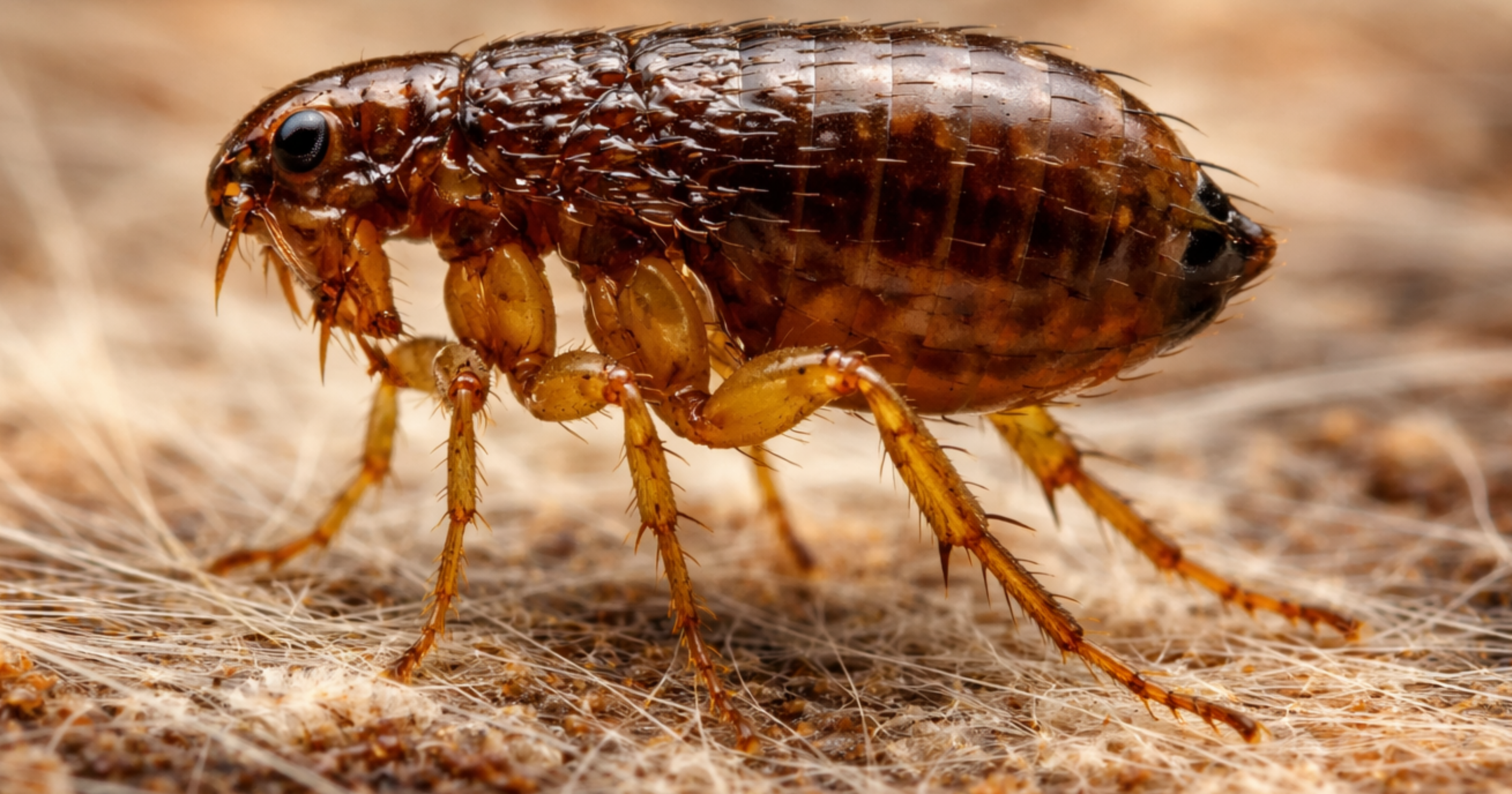 Adult cat flea (Ctenocephalides felis) — close-up identification photo
