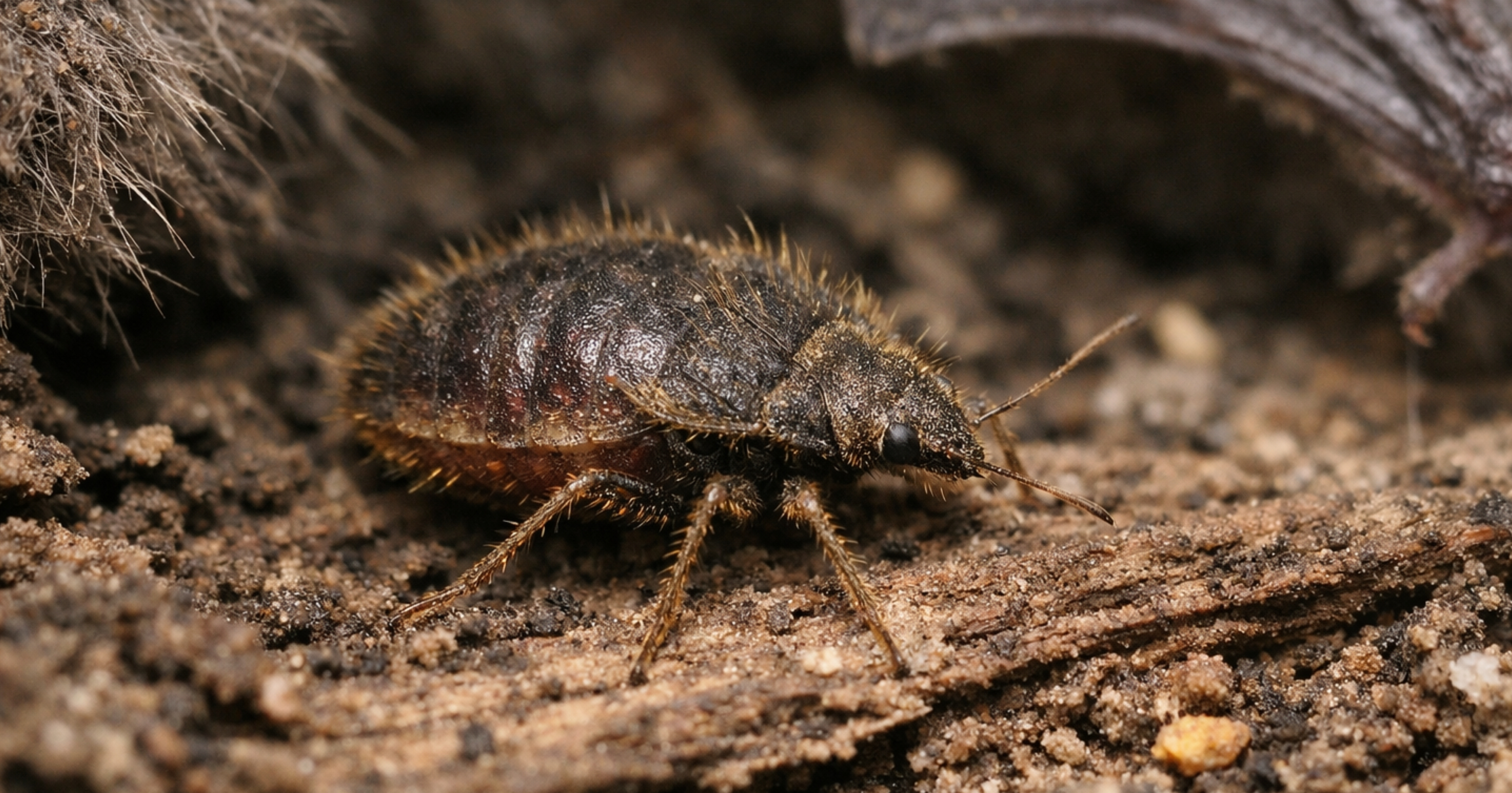 Bat bug (lookalike, Cimicidae) — identification reference; compare thorax hairs and bat-roost context