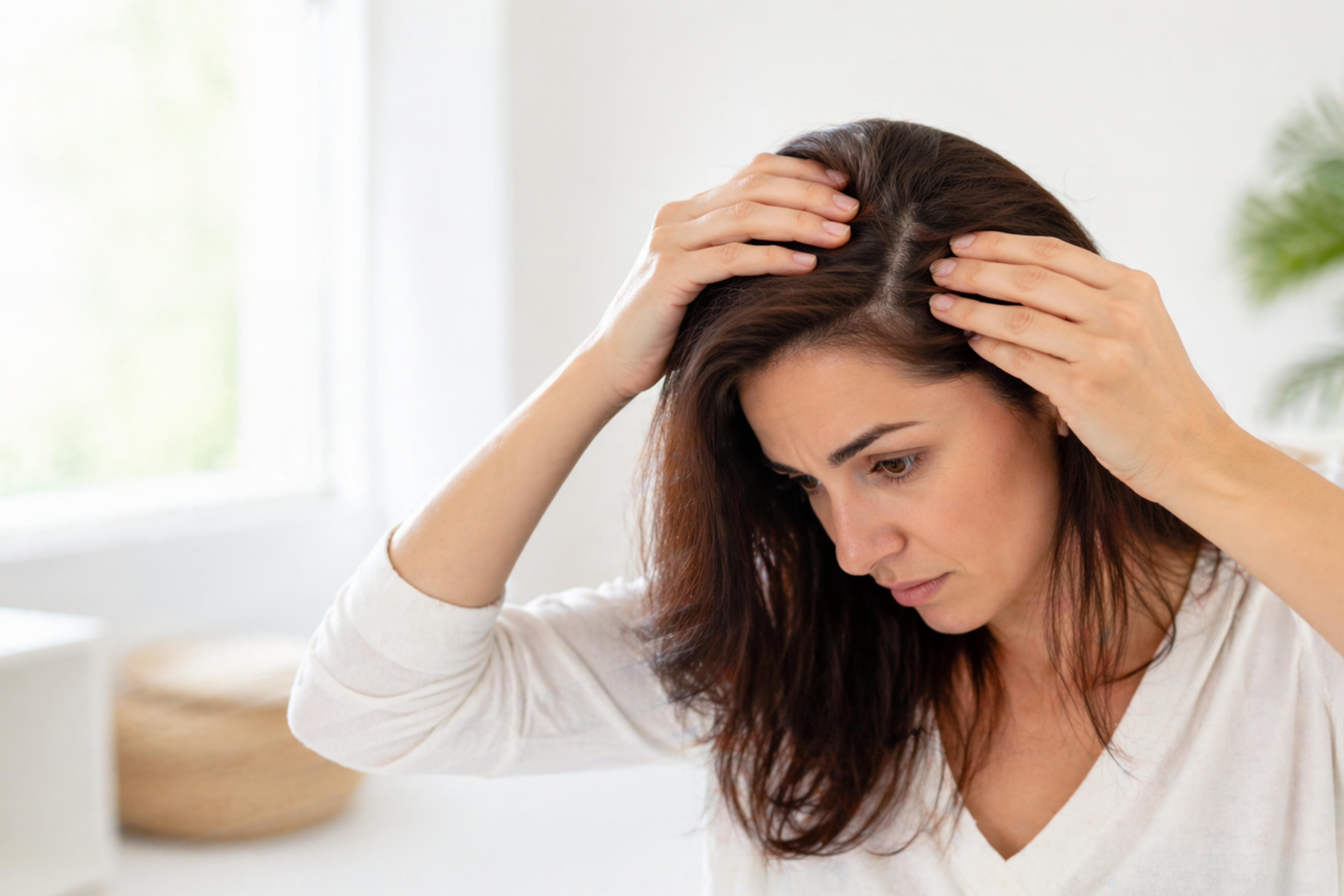 Person checking their hair for lice — identification guide context; species cards below show head louse, body louse, and bird louse close-ups