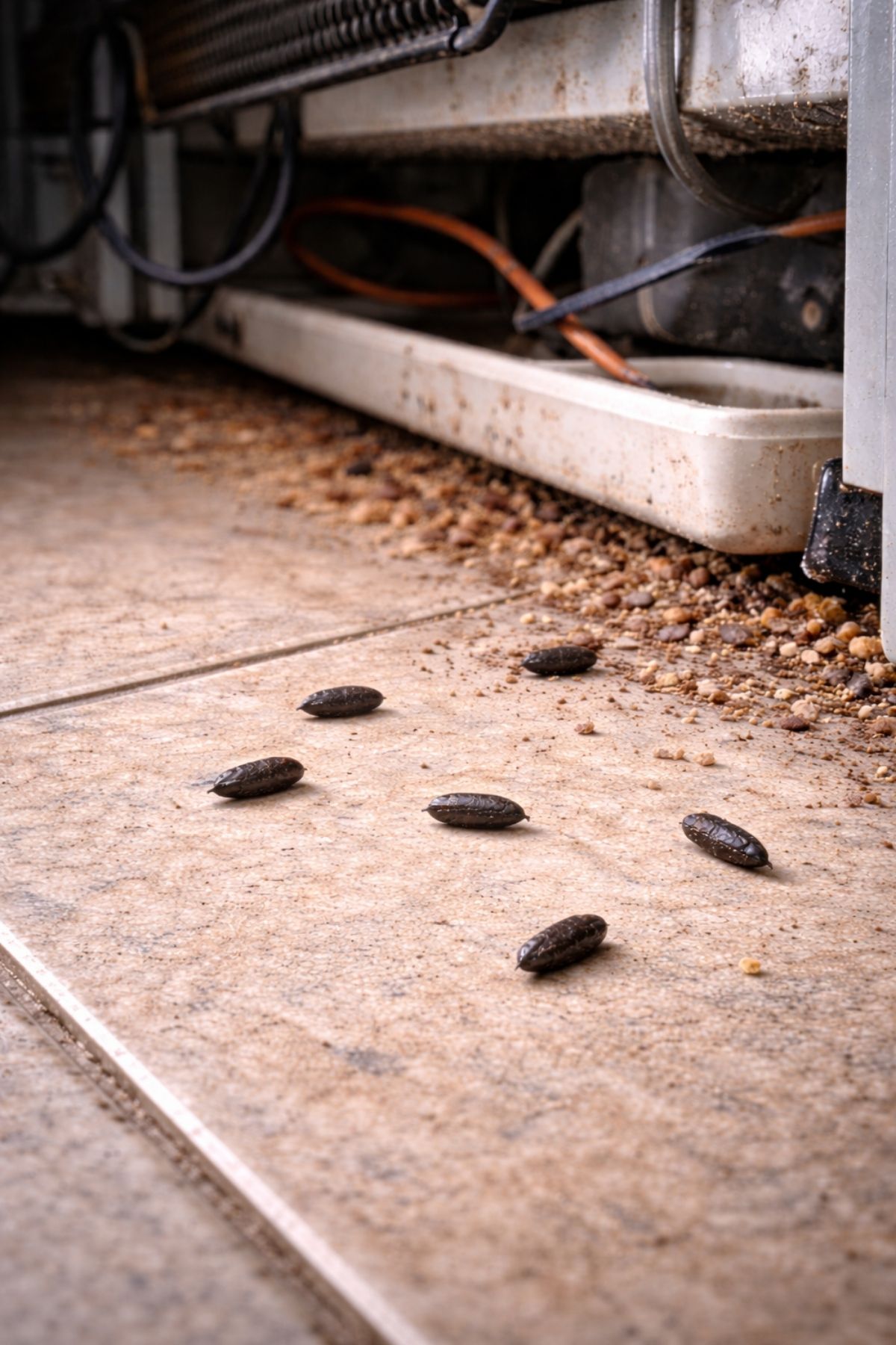 Rat droppings commonly found near food areas—rodent activity sign