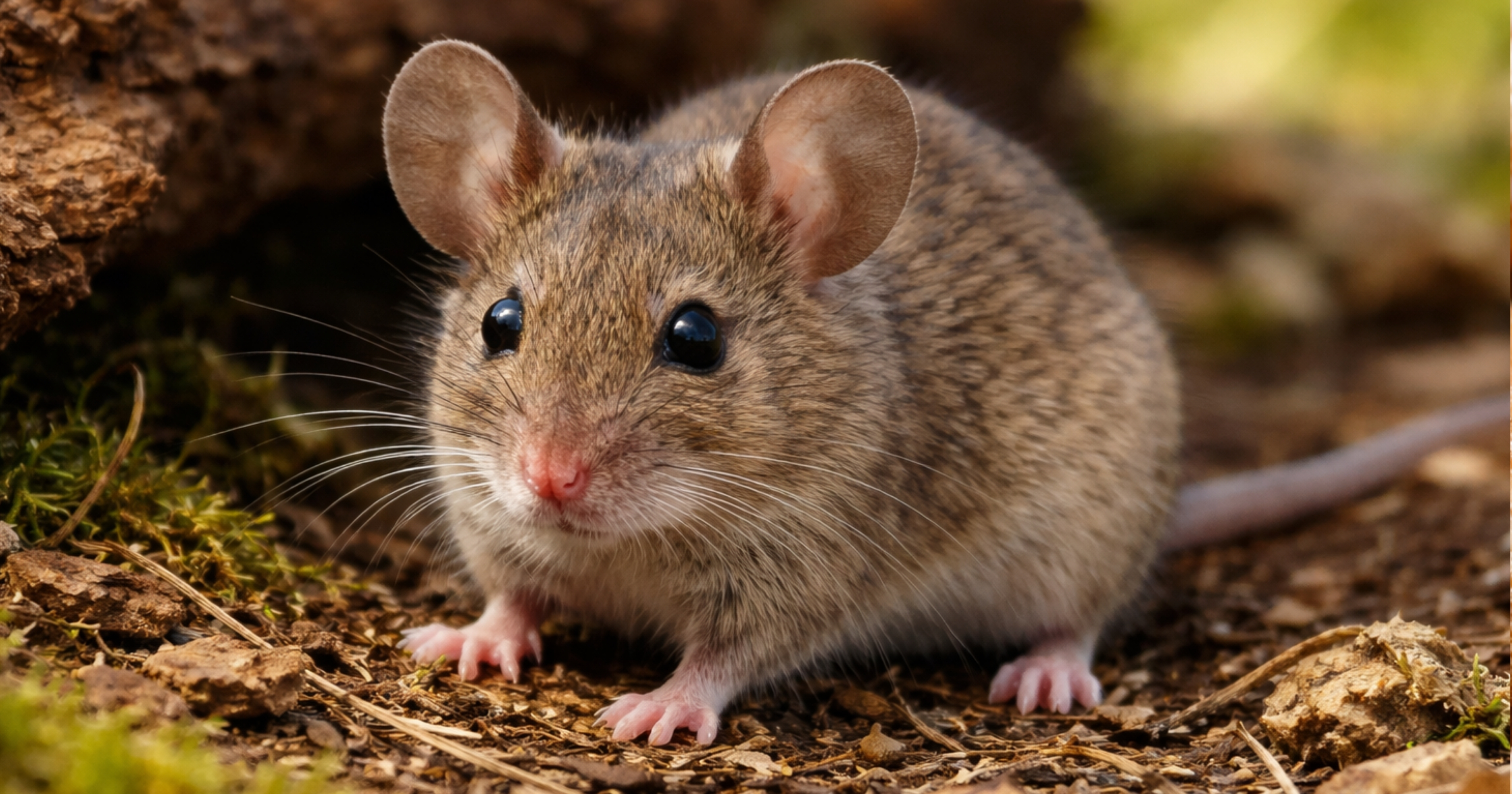 House mouse Mus musculus — small grey to light brown rodent, pointed snout and large ears; compare droppings and gnaw signs in the card