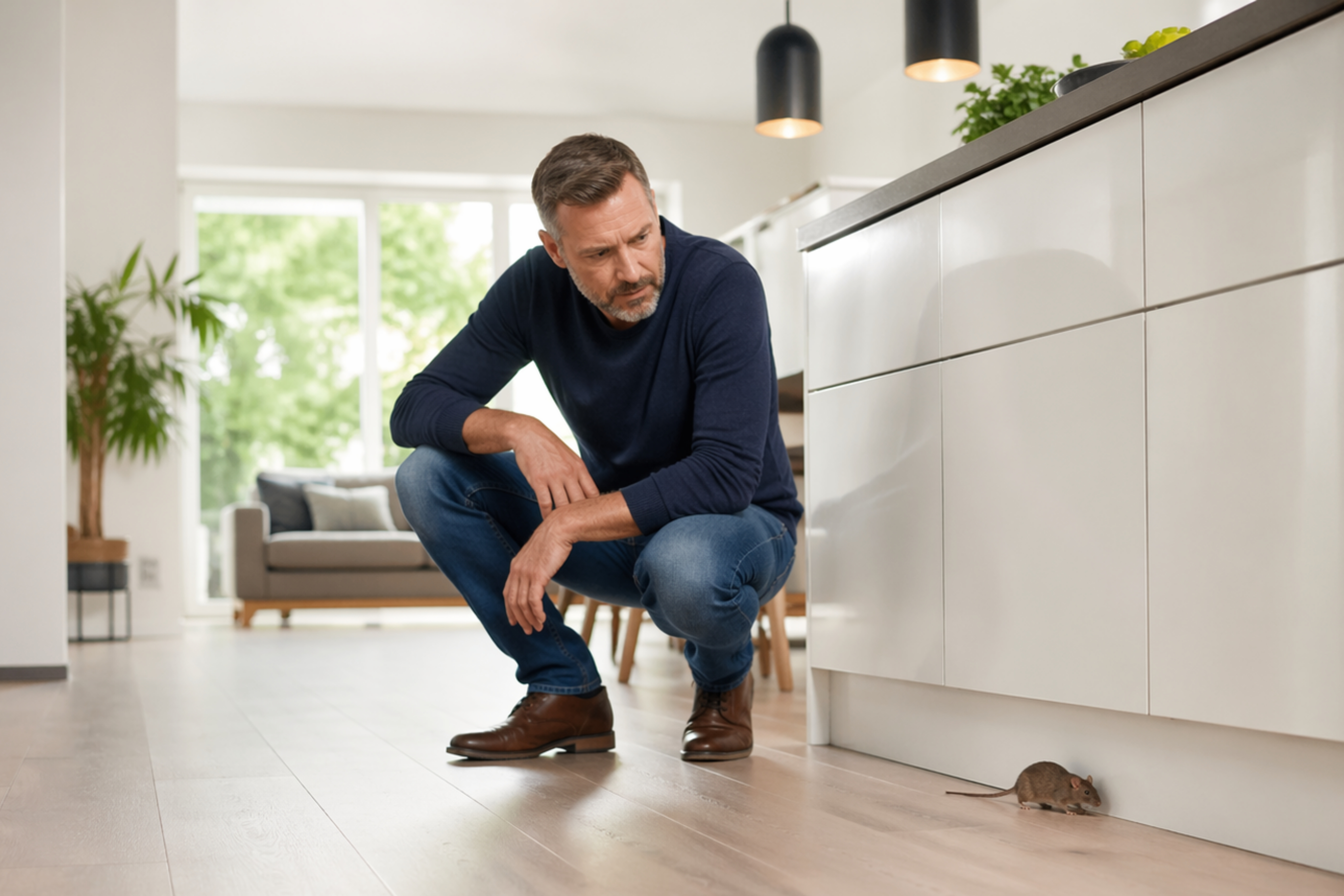 Person watching a rodent on a kitchen floor — identification guide context; species cards describe house mouse, Norway rat, and roof rat