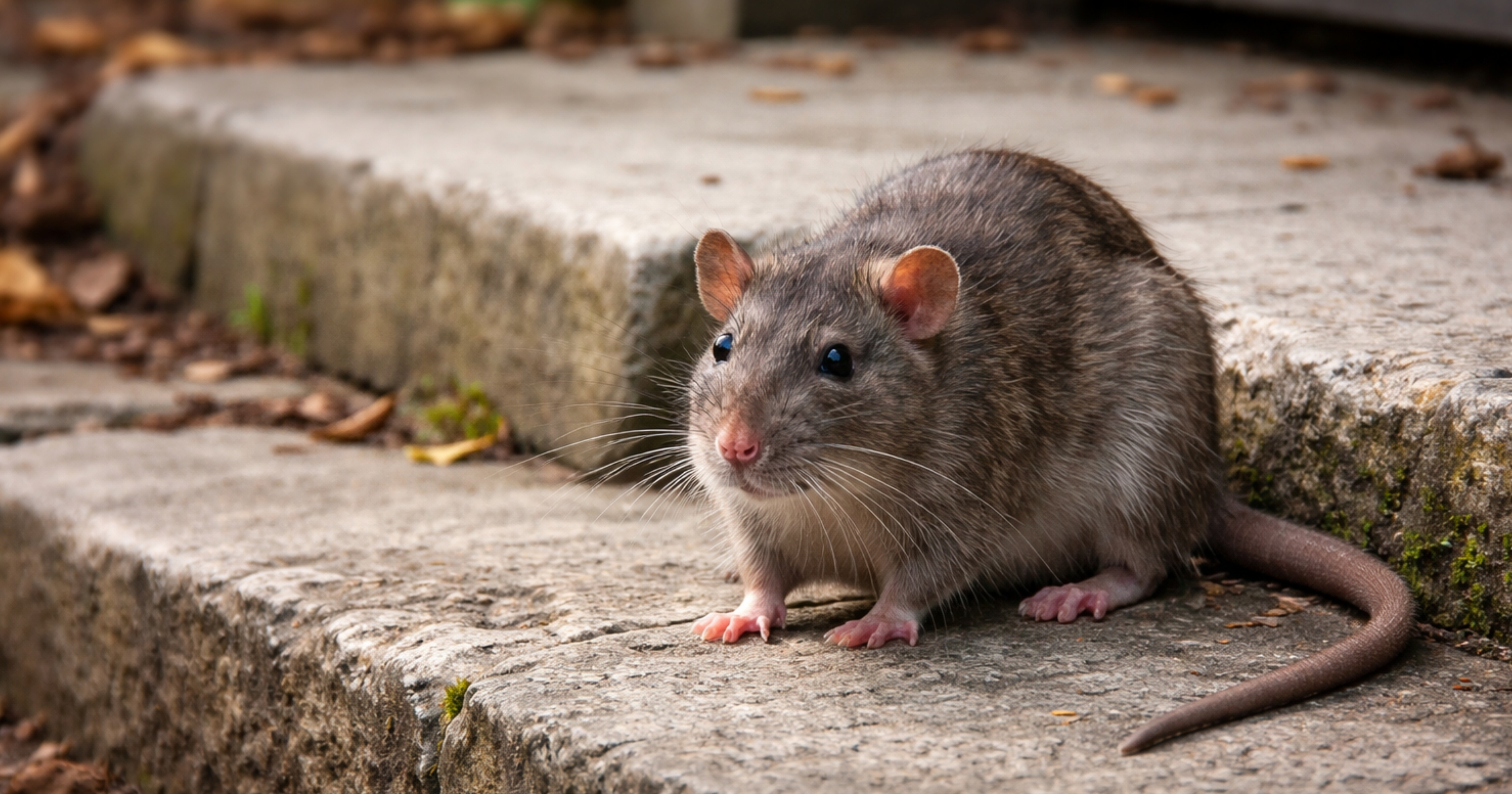 Norway rat / brown rat Rattus norvegicus — heavy-bodied rat, blunt snout, tail shorter than body; burrows and ground-level signs in the card