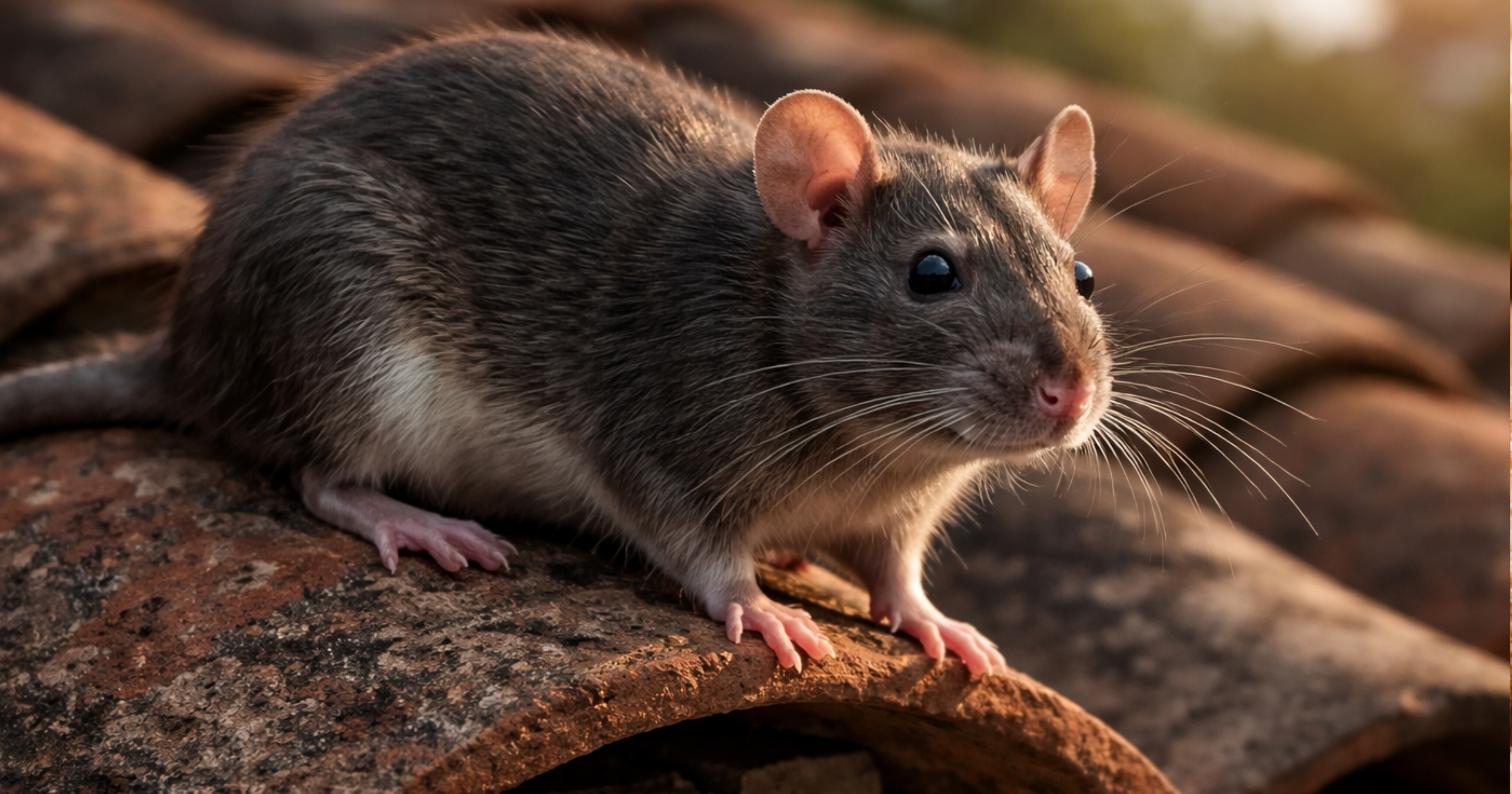 Roof rat / black rat Rattus rattus — dark slender rat, long tail, pointed snout; arboreal climber — compare tail length and roof signs in the card