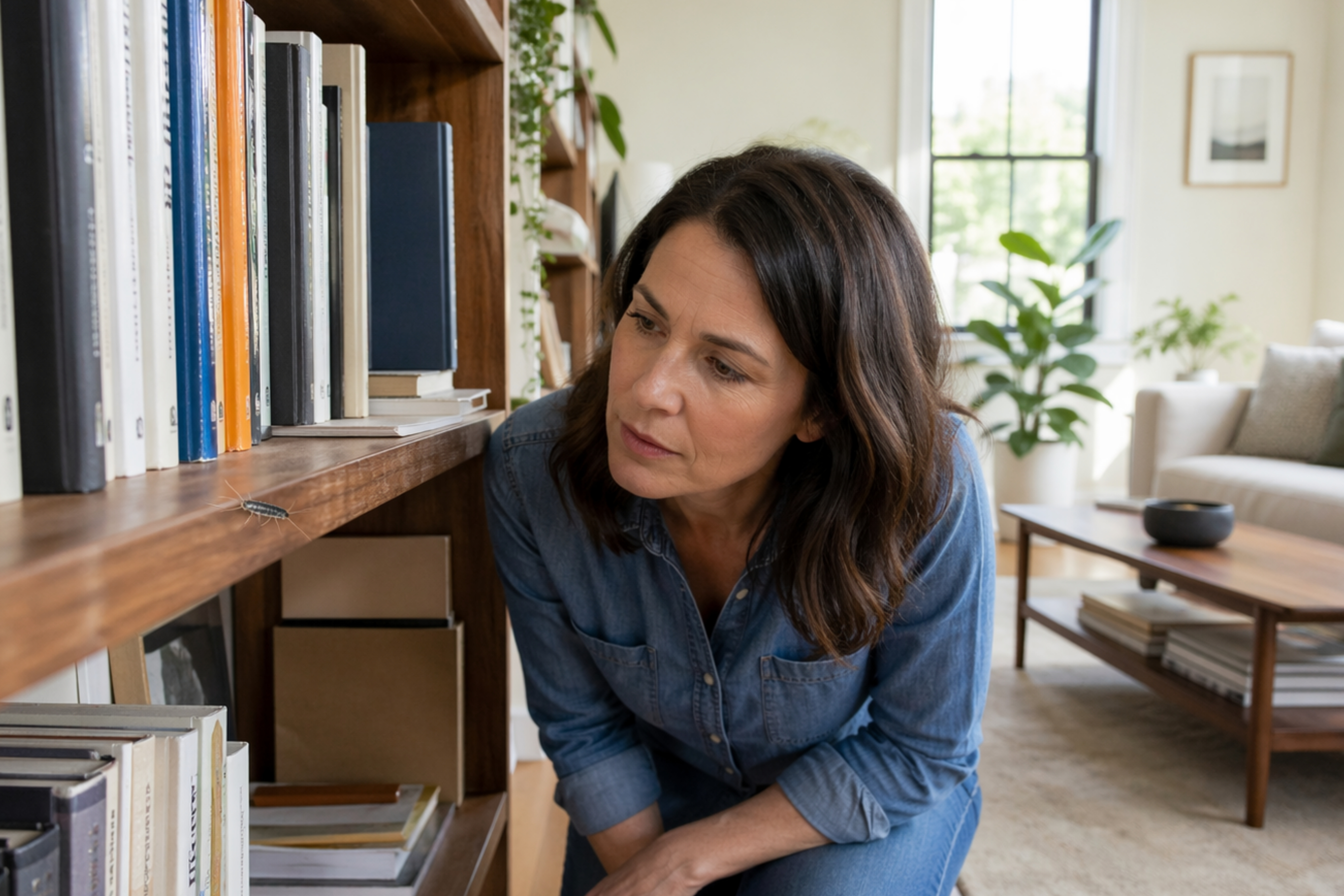 Silverfish on a bookshelf observed by a person — identification guide context; species cards describe common silverfish and firebrat