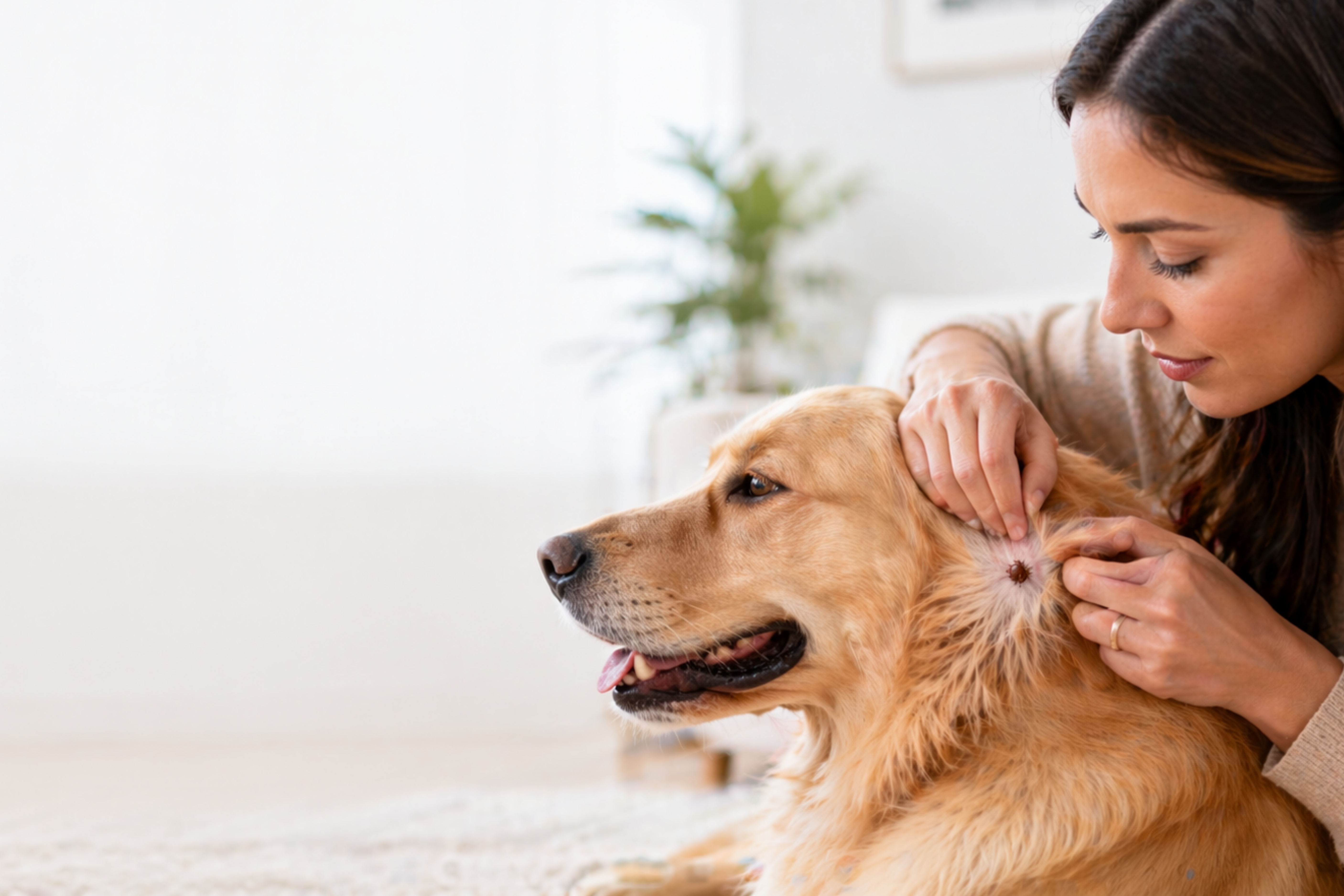 Checking a dog ear for a tick — identification guide context; species cards describe bont tick, brown dog tick, and blue tick in detail