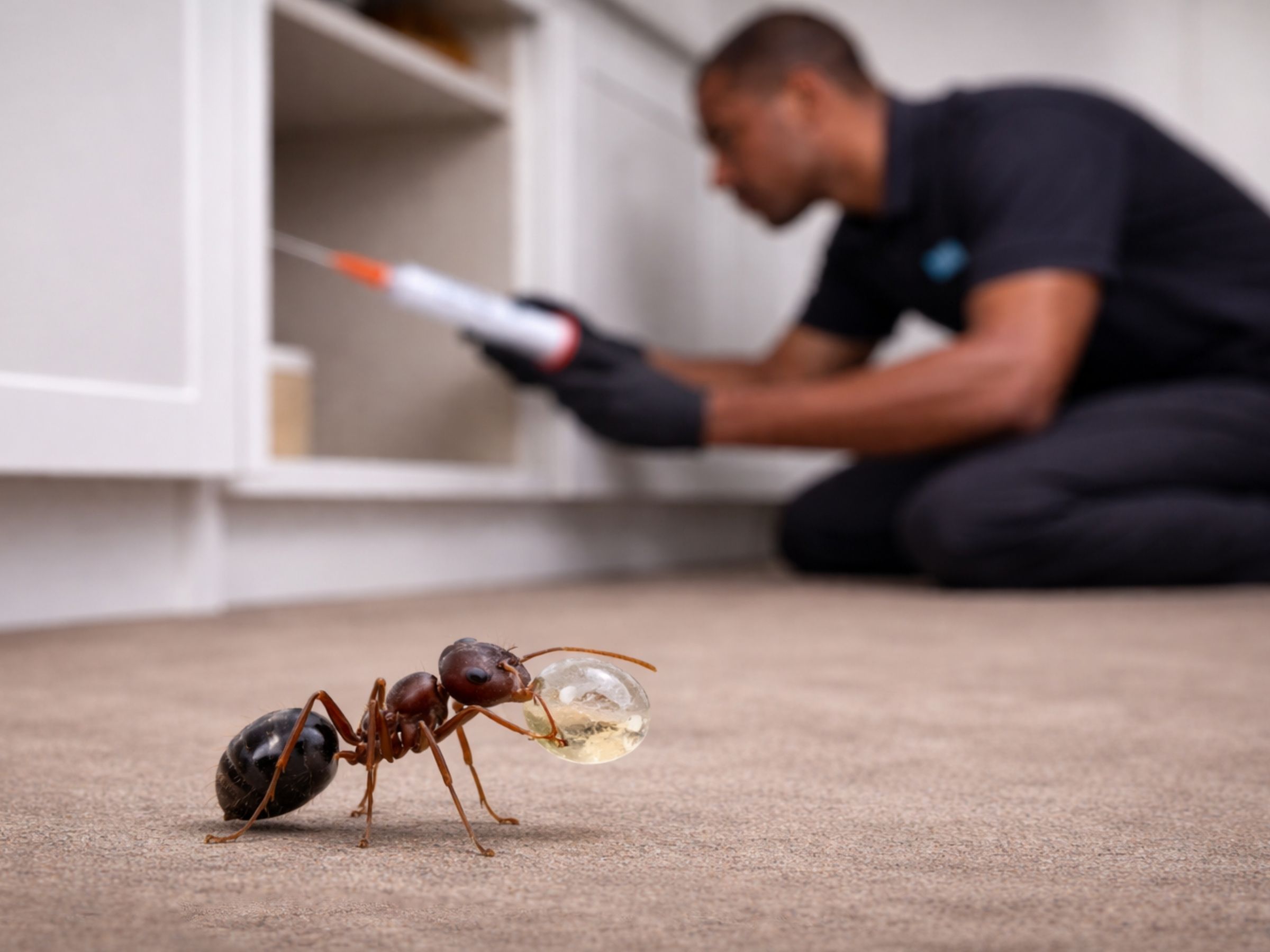 Close-up of an ant carrying a gel bait blob—illustrating trophallaxis and colony transfer.
