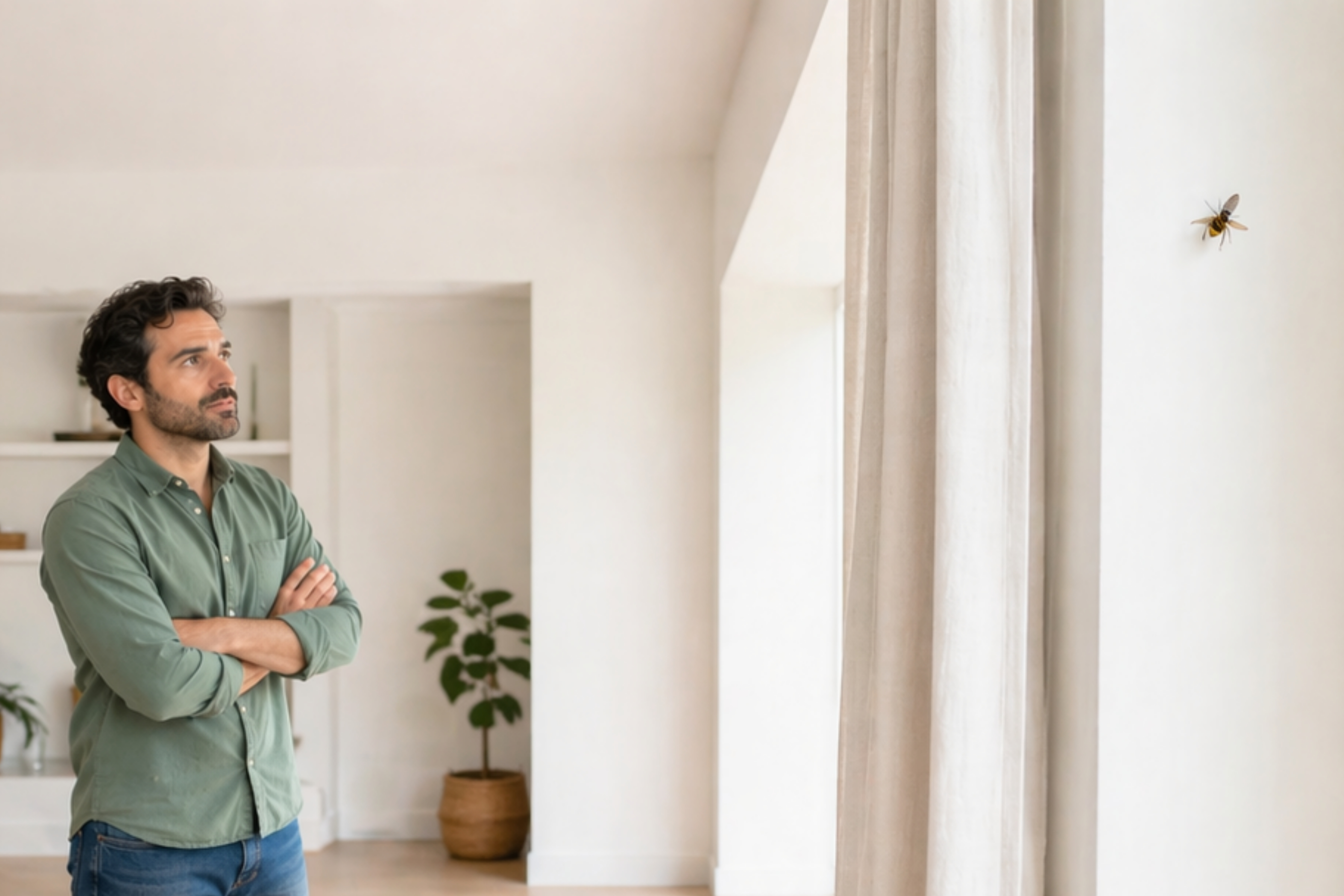 Person watching a wasp on an interior wall — identification guide context; species cards describe paper wasp, yellowjacket-type, and mud dauber nests