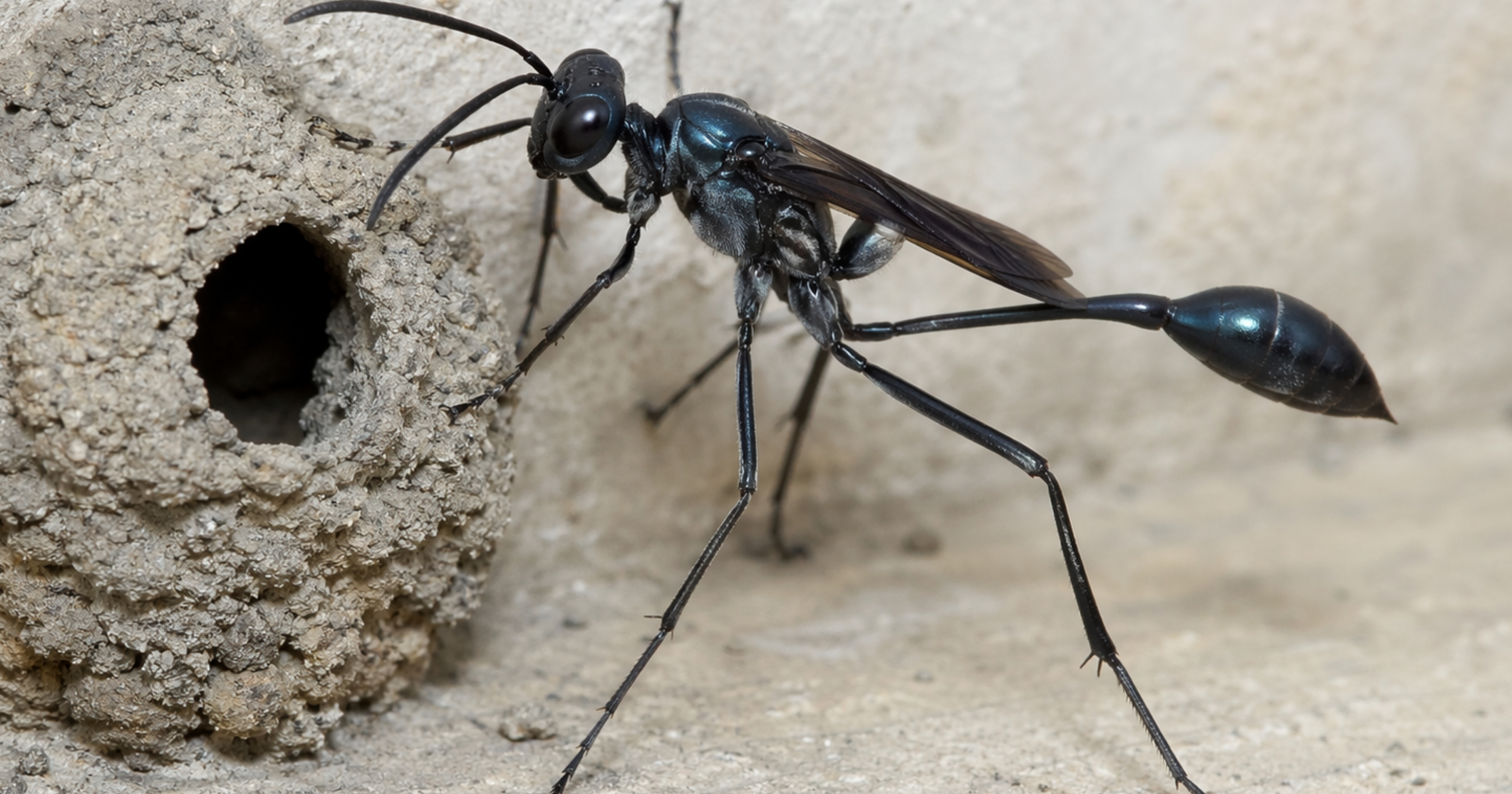 Mud dauber — identification photo (solitary thread-waisted wasp, mud nest context)