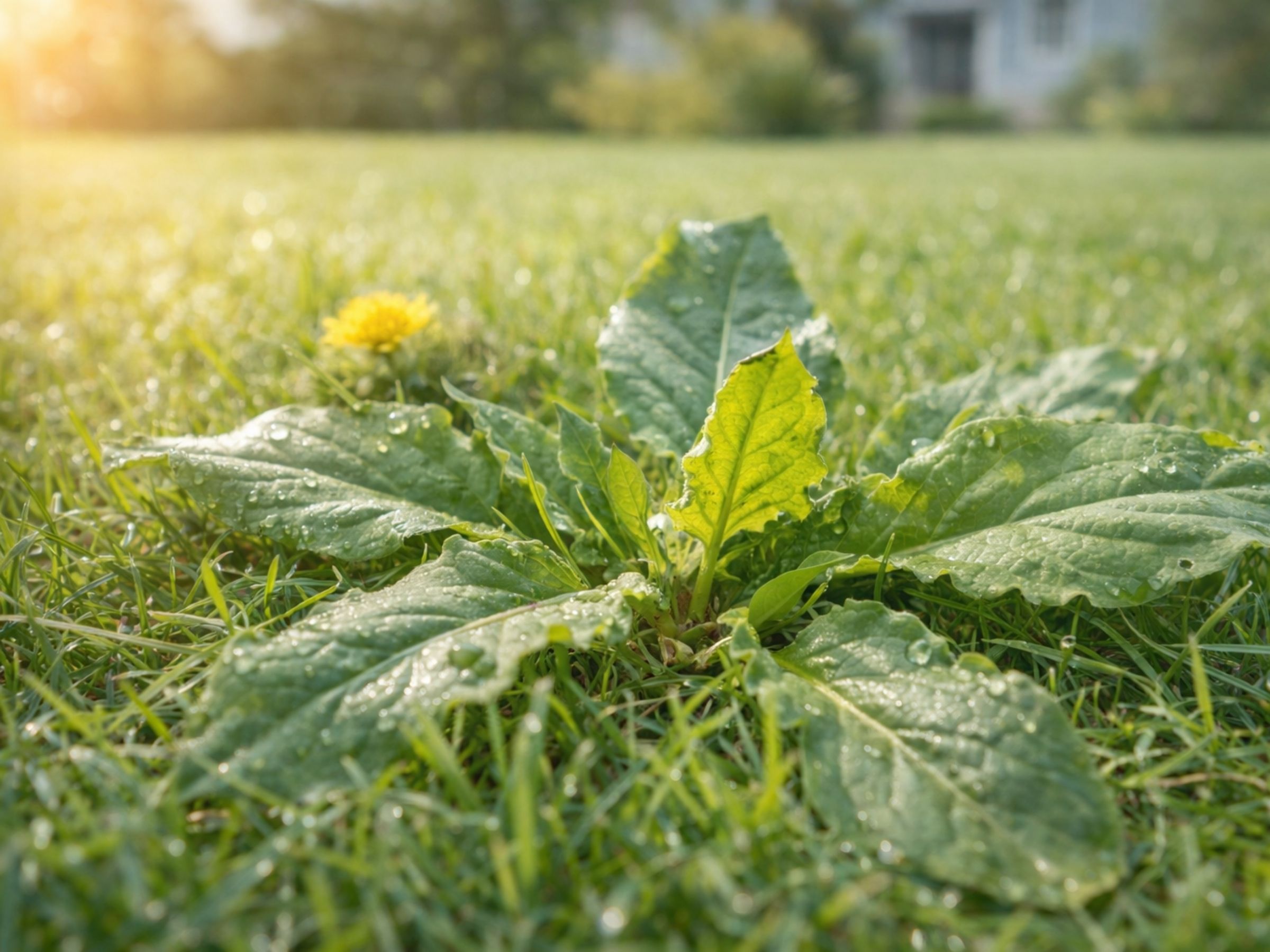 Broadleaf weed growing in a residential lawn