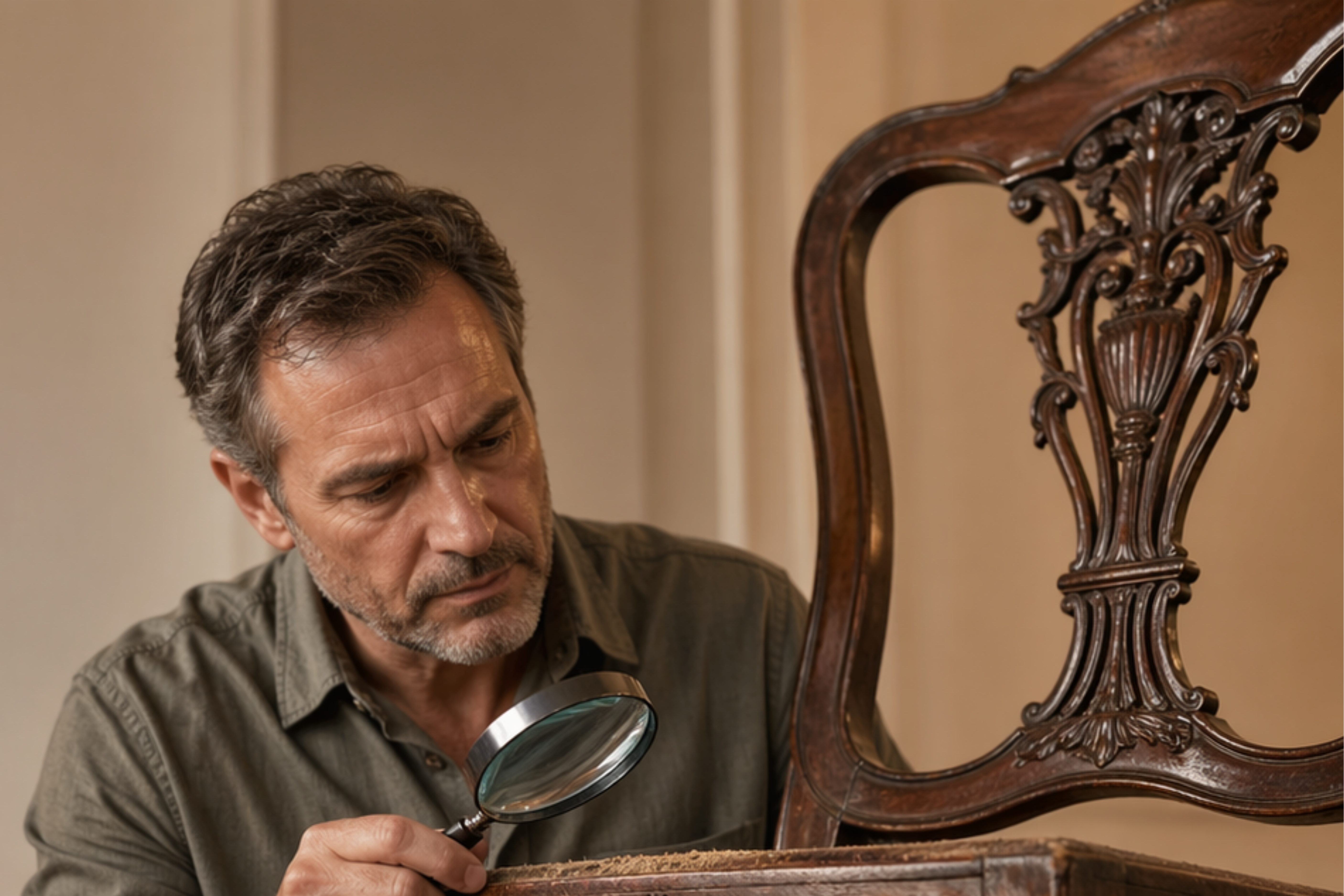 Inspecting antique furniture for wood borer signs — identification guide context; species cards describe furniture beetle, powderpost beetle, and bostrichid damage