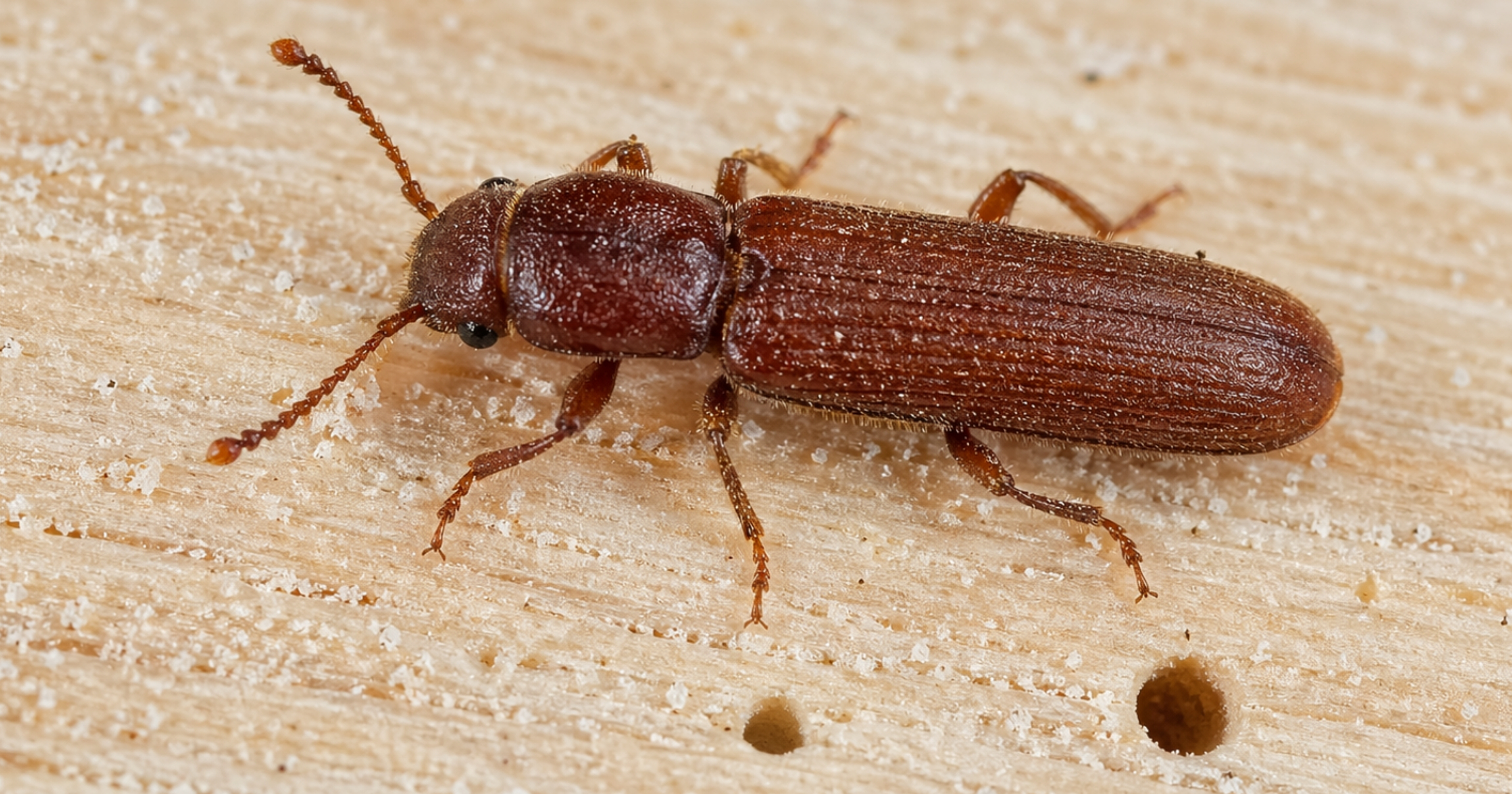 Lyctus powderpost beetle — identification photo (true powderpost, hardwood context)