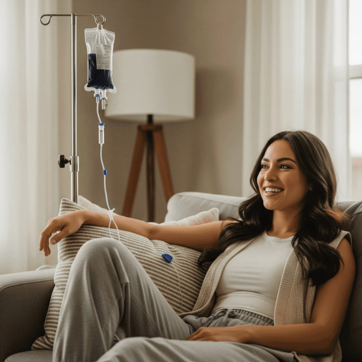 Woman relaxing at home in a bright, airy living room.