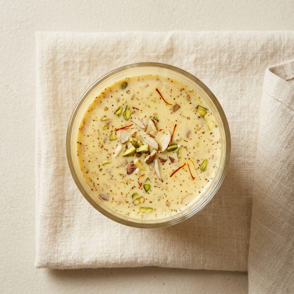 A tall glass of badam milk topped with slivered almonds, photographed from above on a cream linen surface