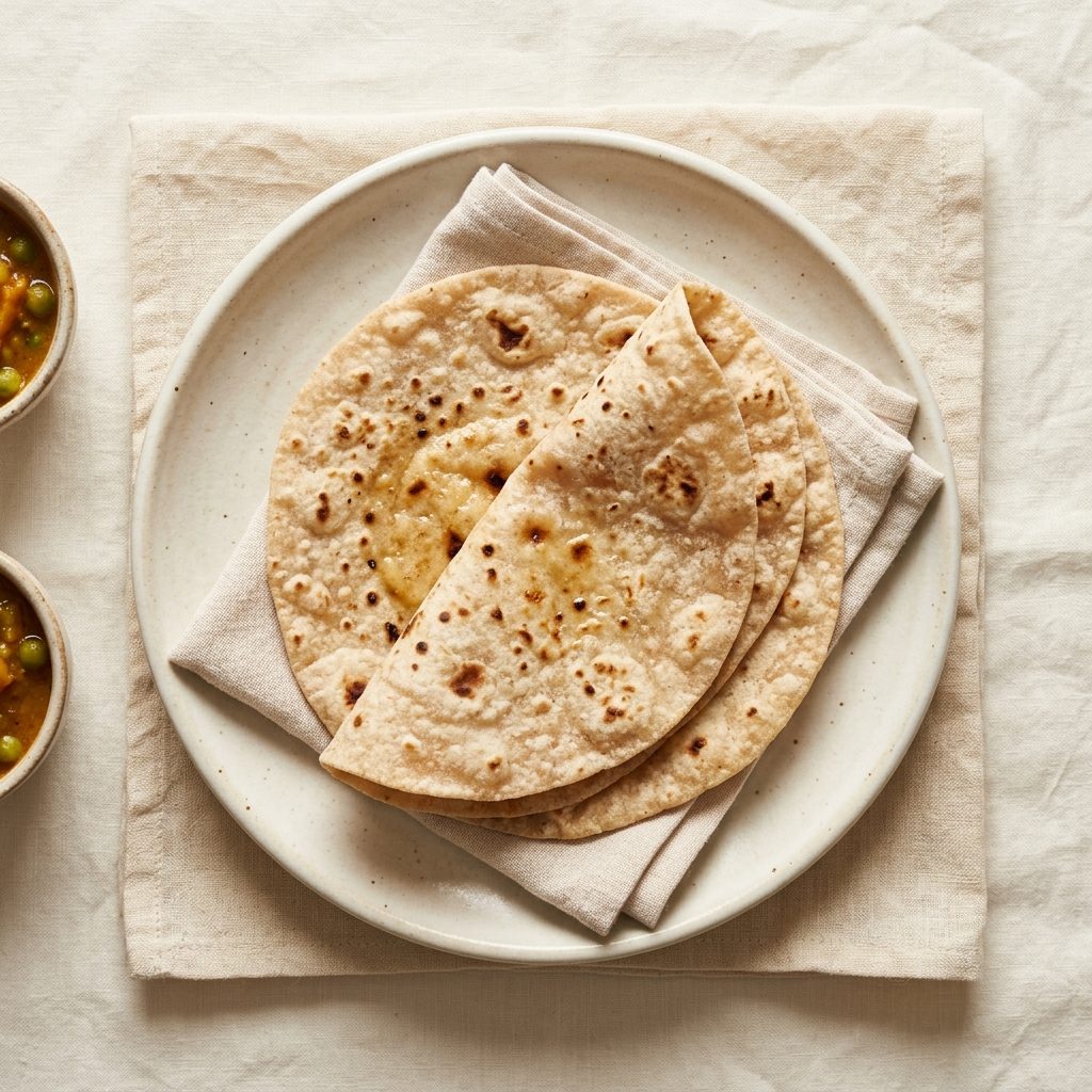 A stack of fresh home-made chapatis on a steel plate photographed from above on a cream linen surface