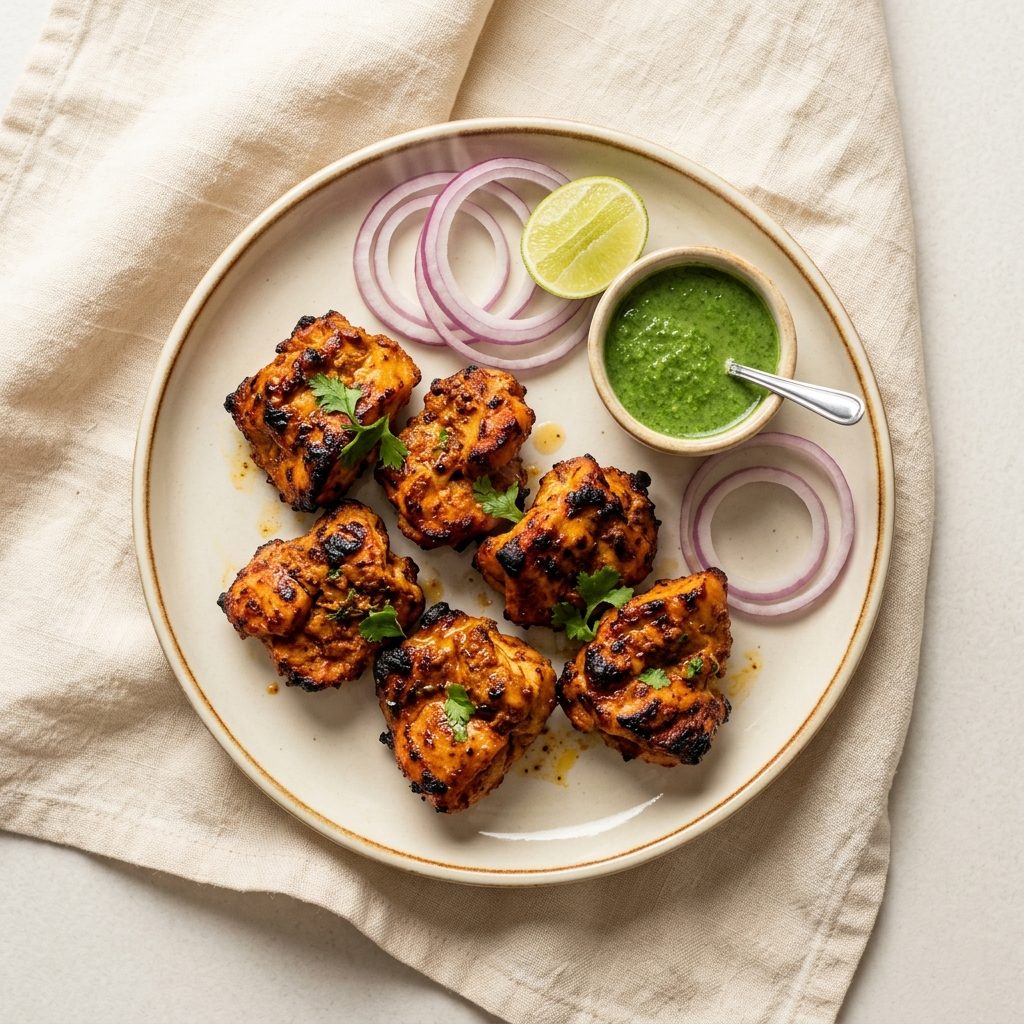 Skewered chicken tikka pieces on a ceramic plate with sliced onion and lime, shot from above on cream linen