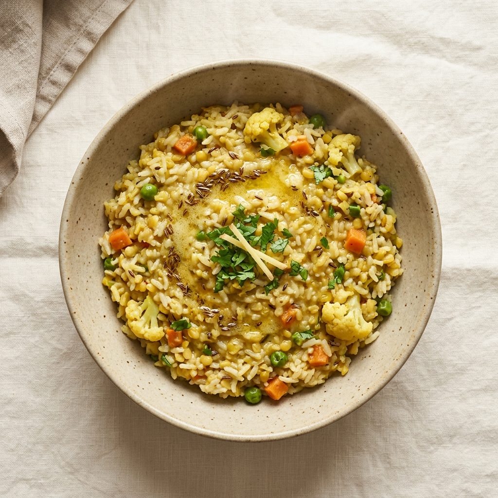 A steel katori of moong dal khichdi photographed from above on a cream linen surface