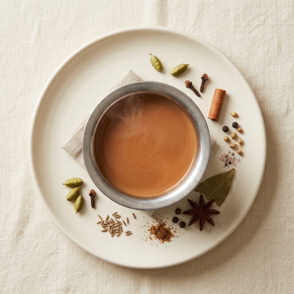 A glass of masala chai photographed from above on a cream linen surface