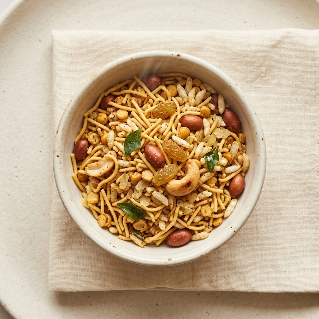 A bowl of savoury Indian namkeen mixture with sev, peanuts and curry leaves, shot from above on cream linen