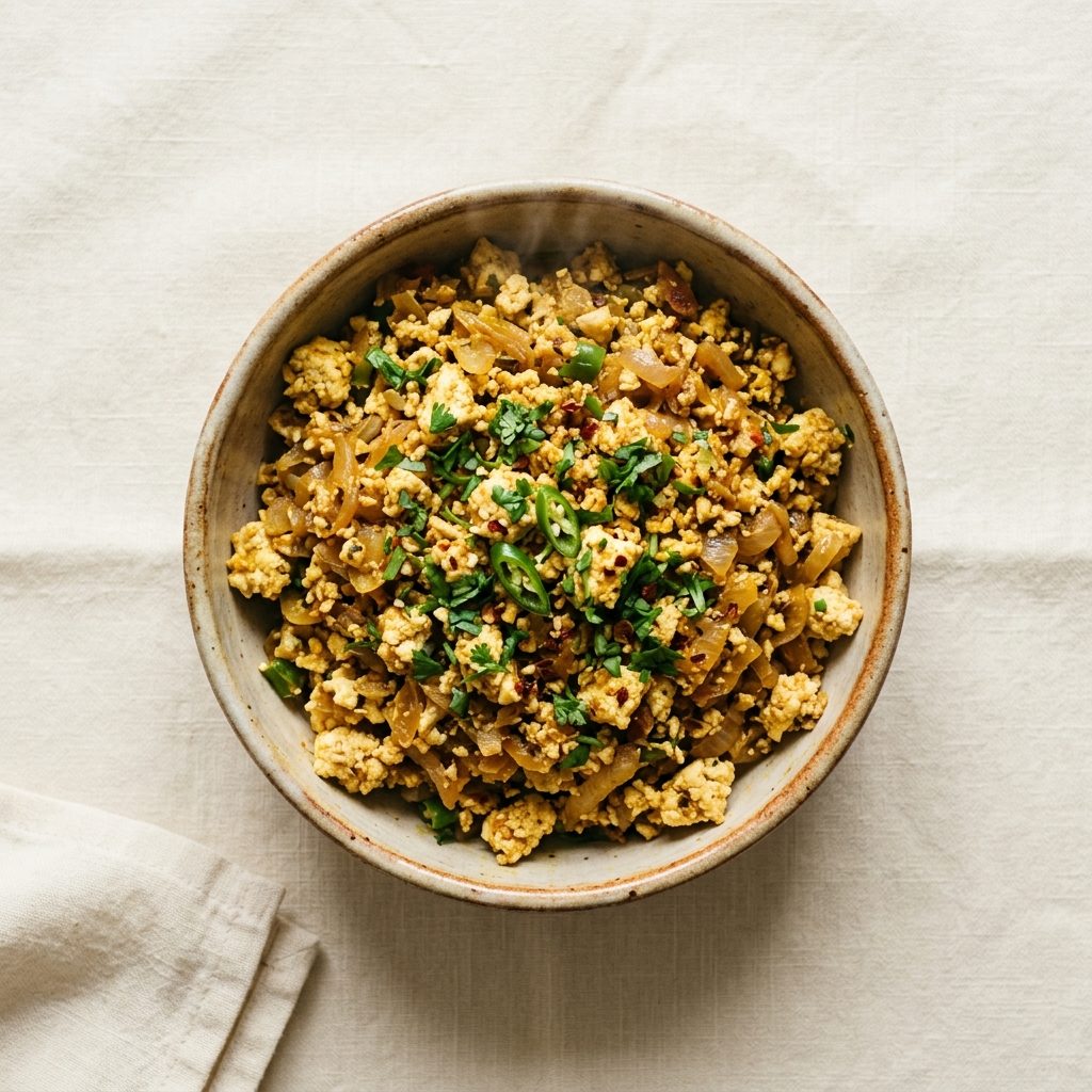 A bowl of paneer bhurji with coriander and green chilli, photographed from above on a cream linen surface
