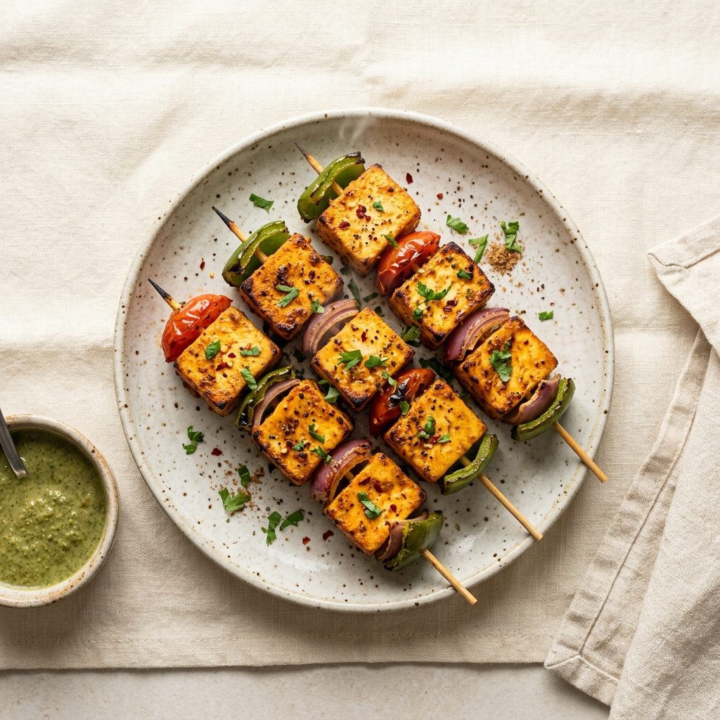 Charred cubes of paneer tikka with onion and capsicum on a plate, shot from above on cream linen
