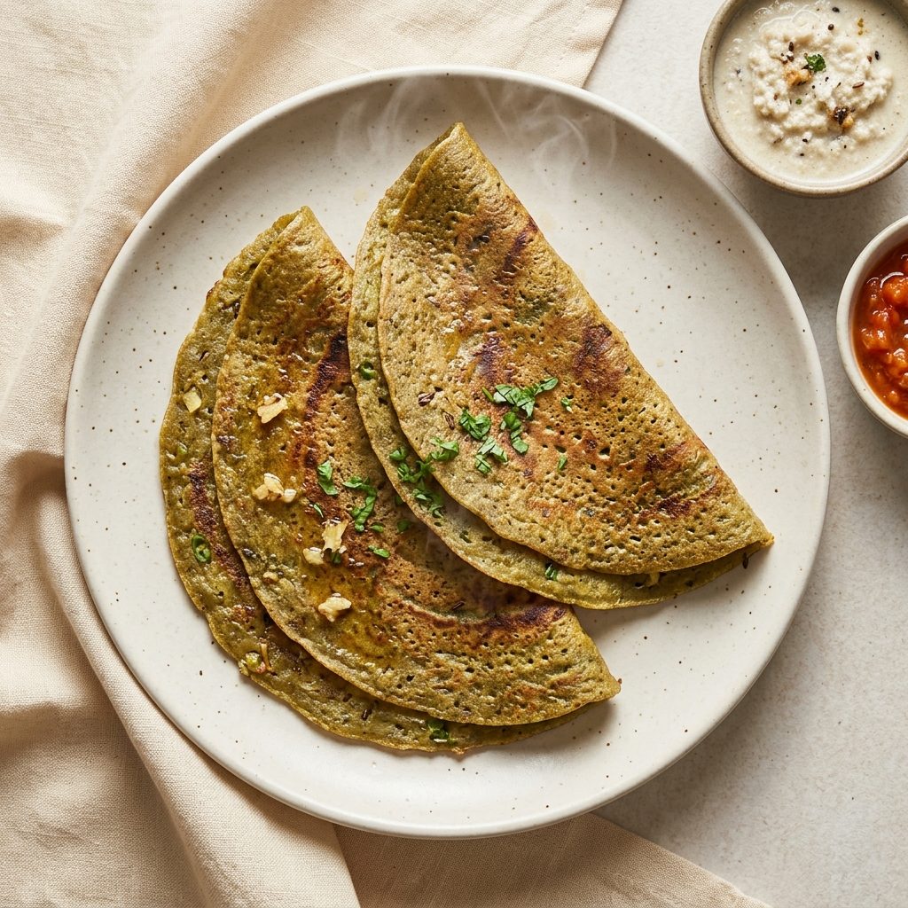 A green moong dal pesarattu on a steel plate with chutney photographed from above on a cream linen surface