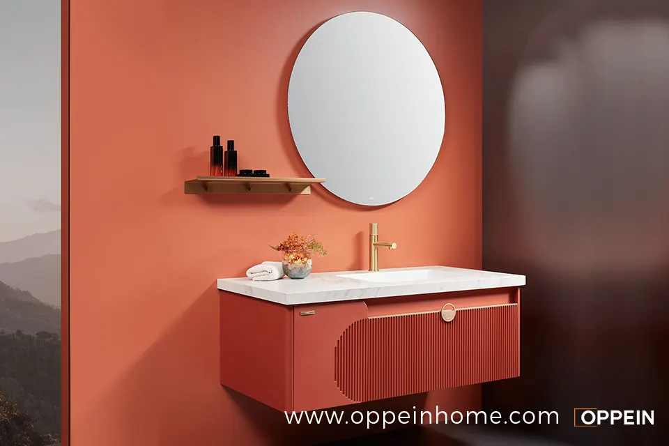 Modern Red Lacquered Bathroom Vanity with Gold Hardware