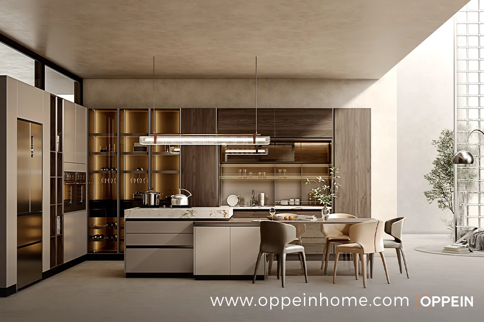 Modern Light Walnut and Warm Grey Kitchen Cabinets - Seville